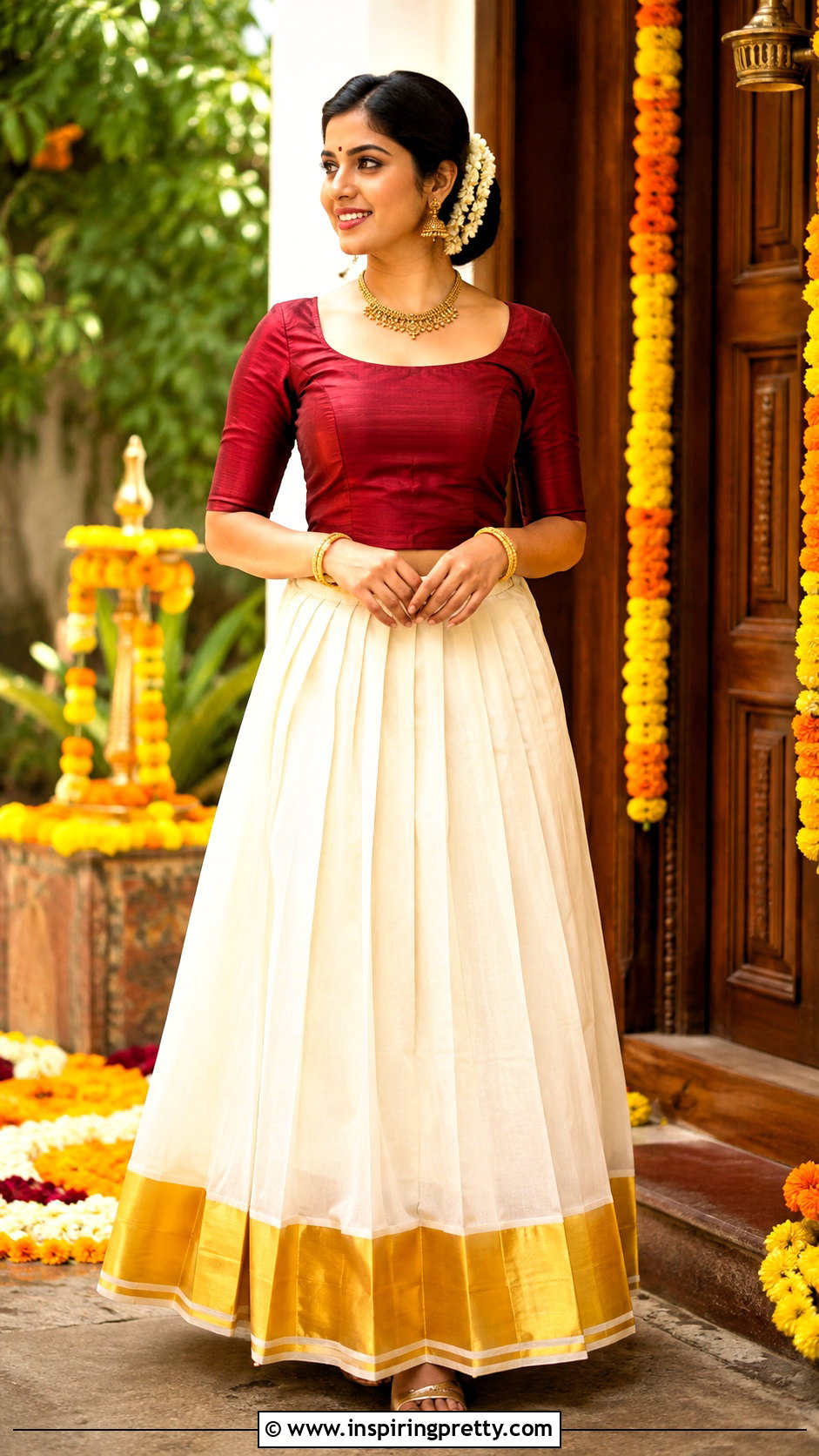 White Kasavu Skirt With Red Blouse - 50 traditional skirt and top kerala outfit ideas