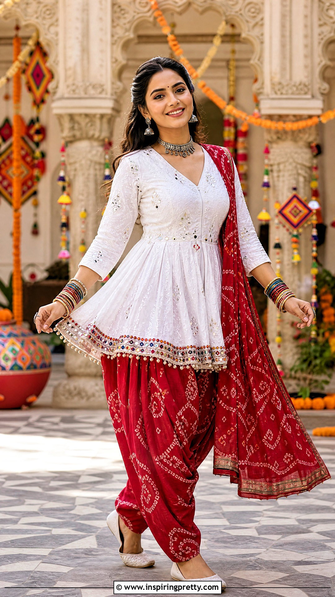 White Kediyu With Bandhani Dhoti Pants - 50 Kediyu Top For Navratri outfit ideas