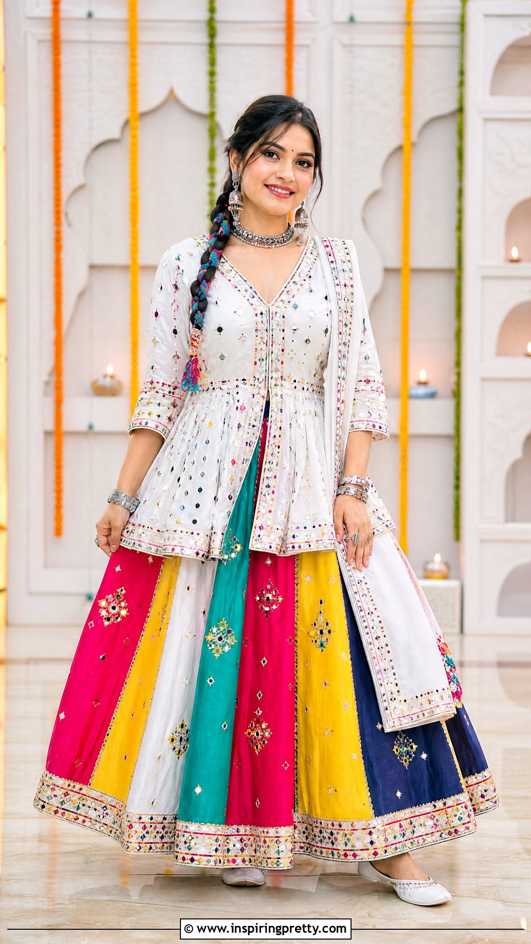 White Kediyu With Multicolor Lehenga - 50 Kediyu Top For Navratri outfit ideas