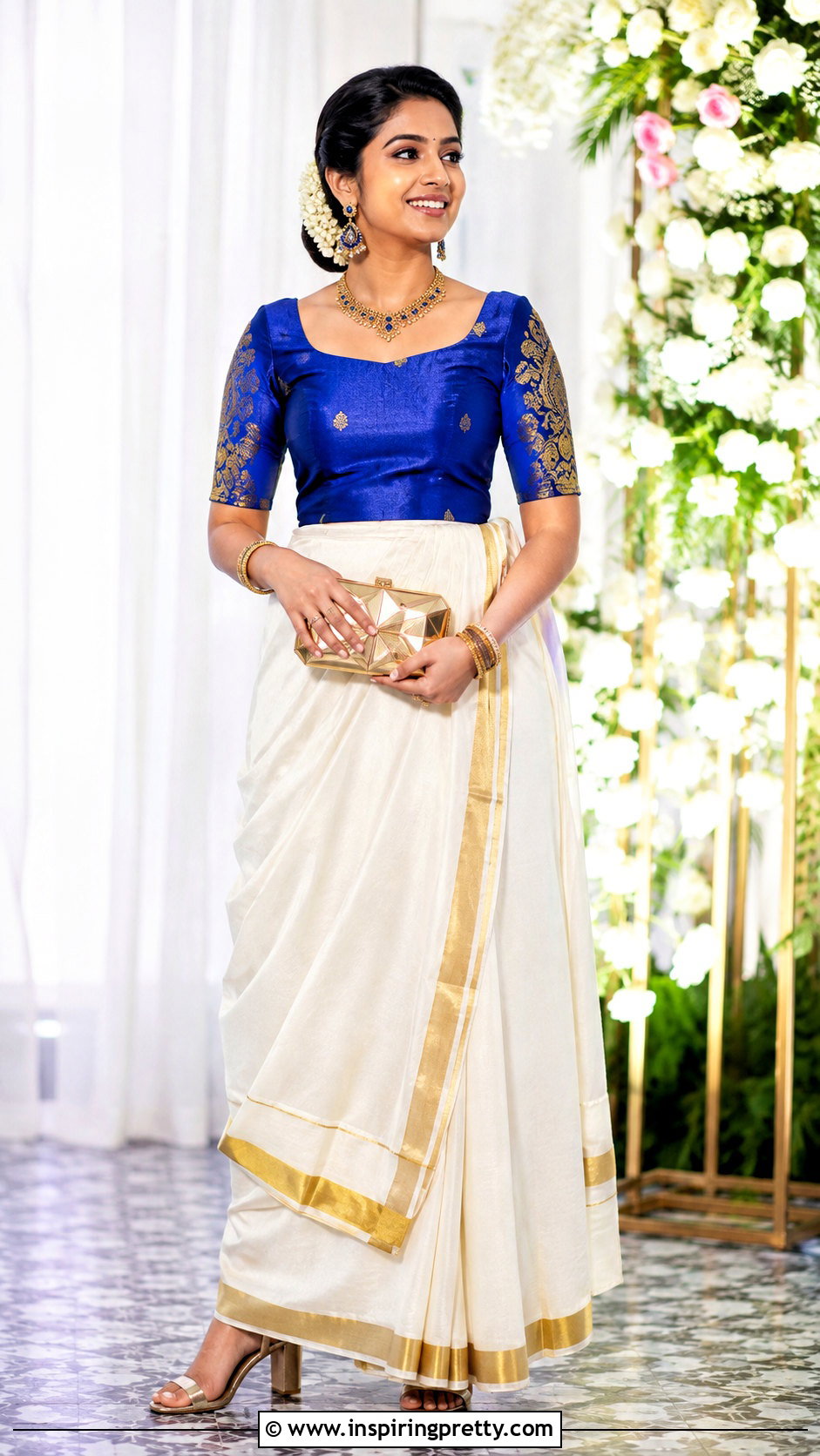 White Kerala Skirt With Royal Blue Blouse - 50 traditional skirt and top kerala outfit ideas