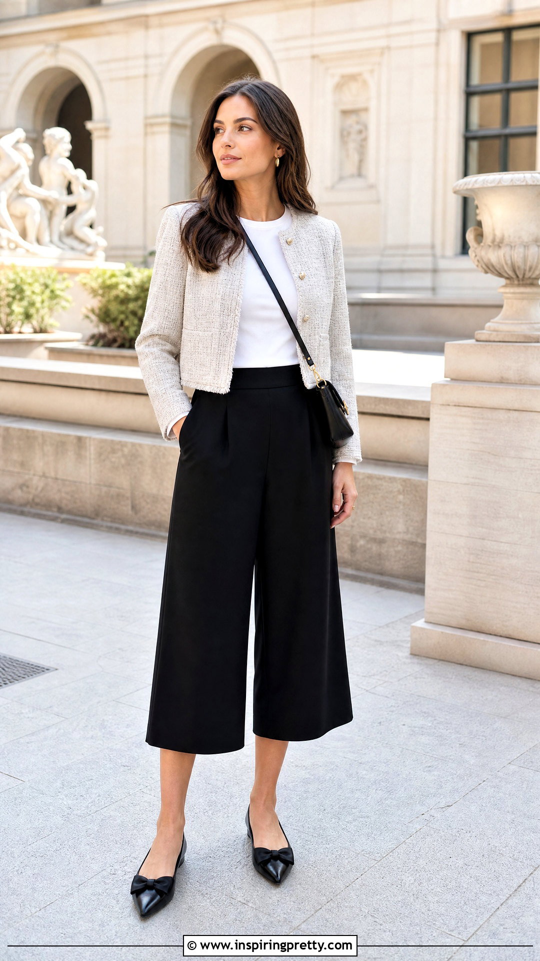 White Knit Top With Black Culottes - 50 white top and black pants outfit ideas