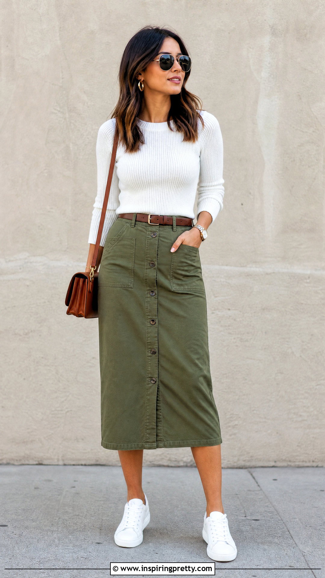 White Knit Top With Utility Midi Skirt - 20 White Knit Top Fashion outfit ideas