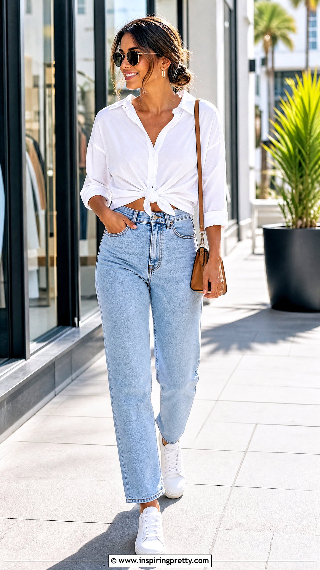White Knot Front Top With Straight Leg Jeans - 20 knot front top fashion outfit ideas