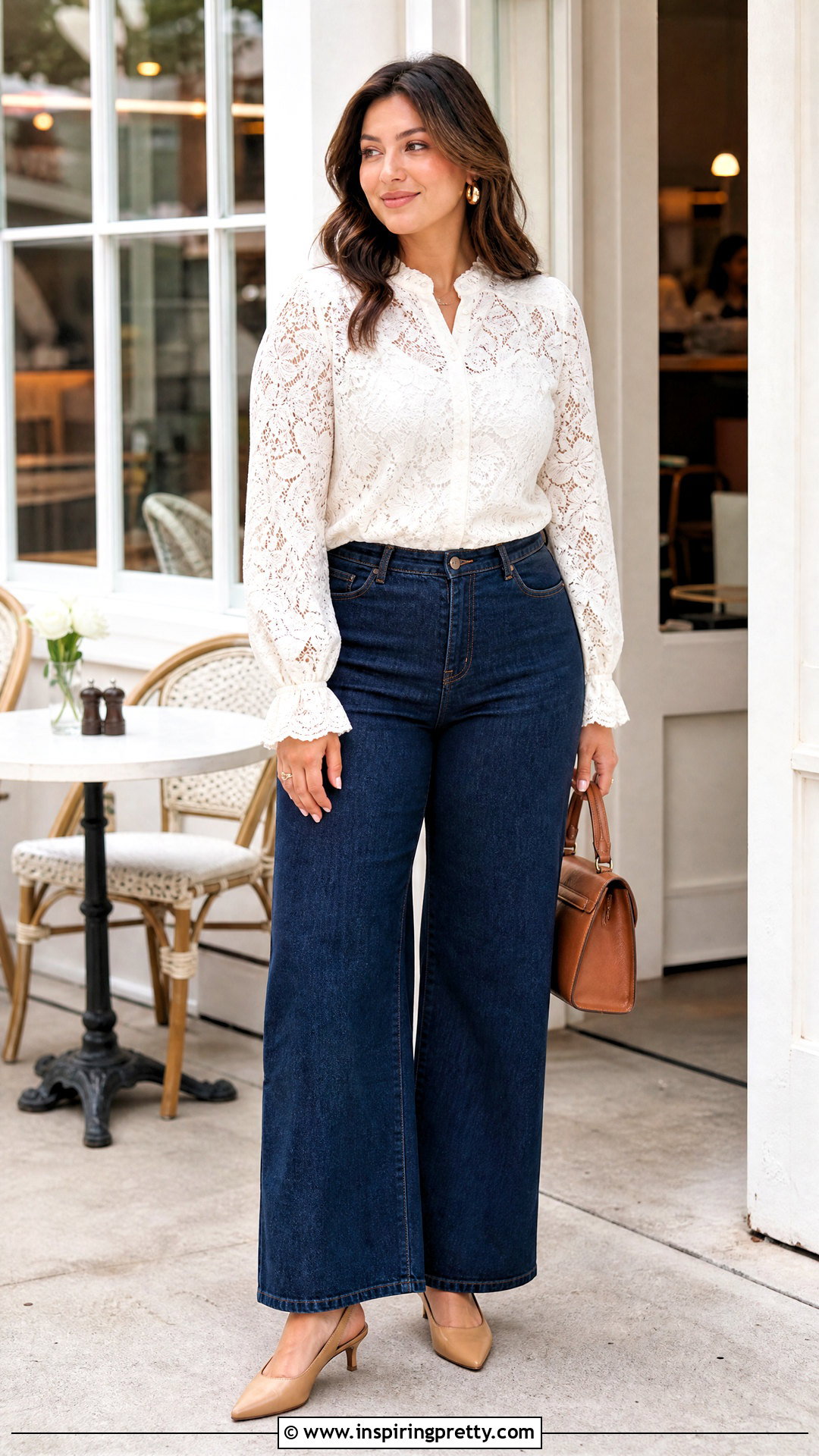 White Lace Blouse With Dark Wash Jeans - 50 latest tops for women