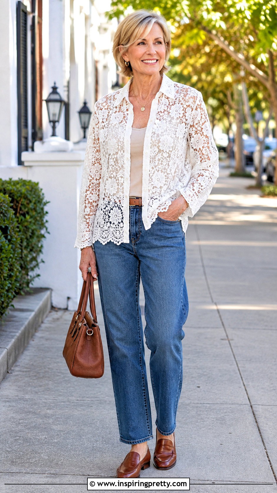 White Lace Blouse With Relaxed Jeans - 50 white tops outfit ideas
