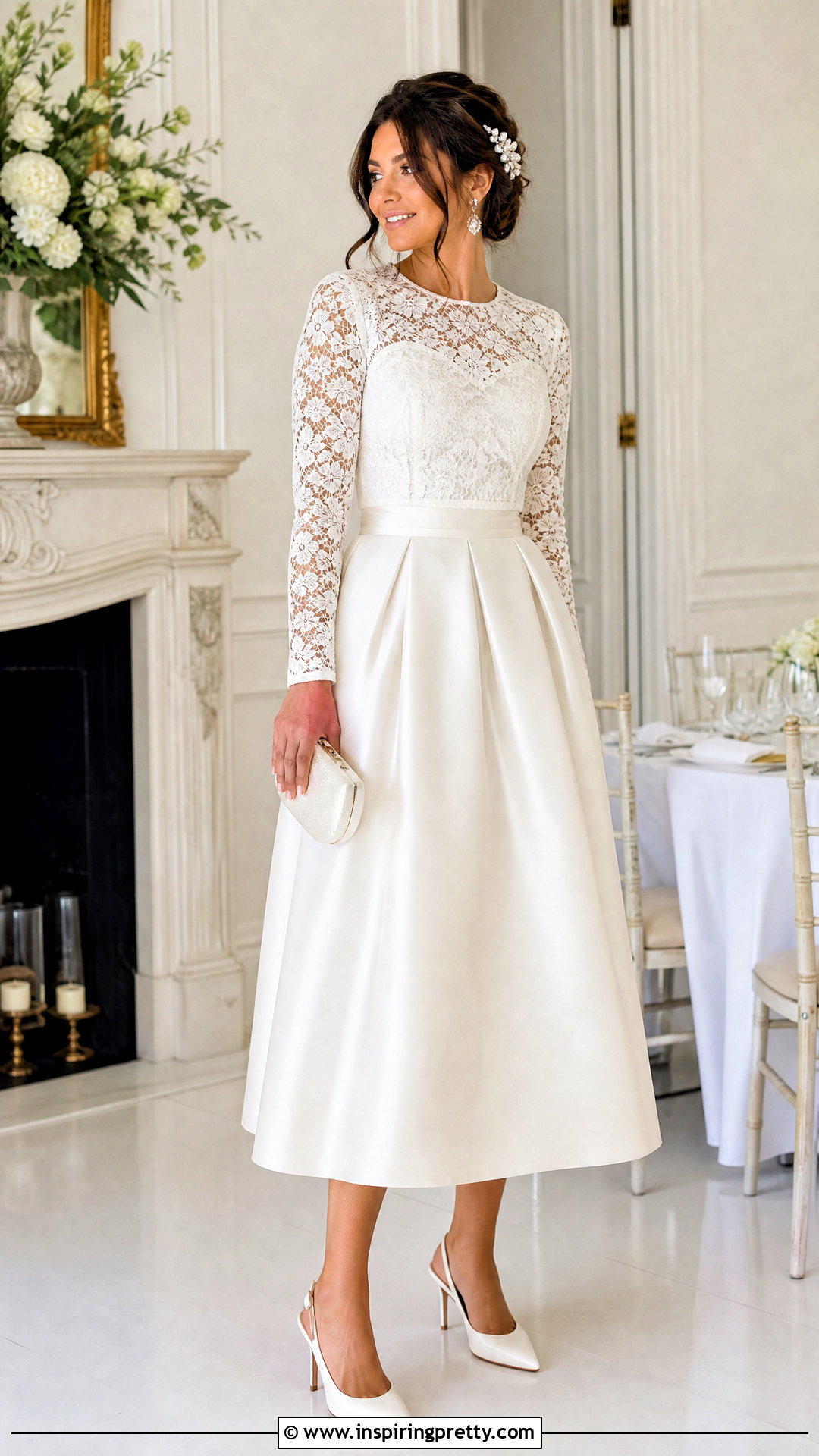 White Lace Bridal Top With Pleated Midi Skirt - 20 White Lace Bridal Top outfit ideas