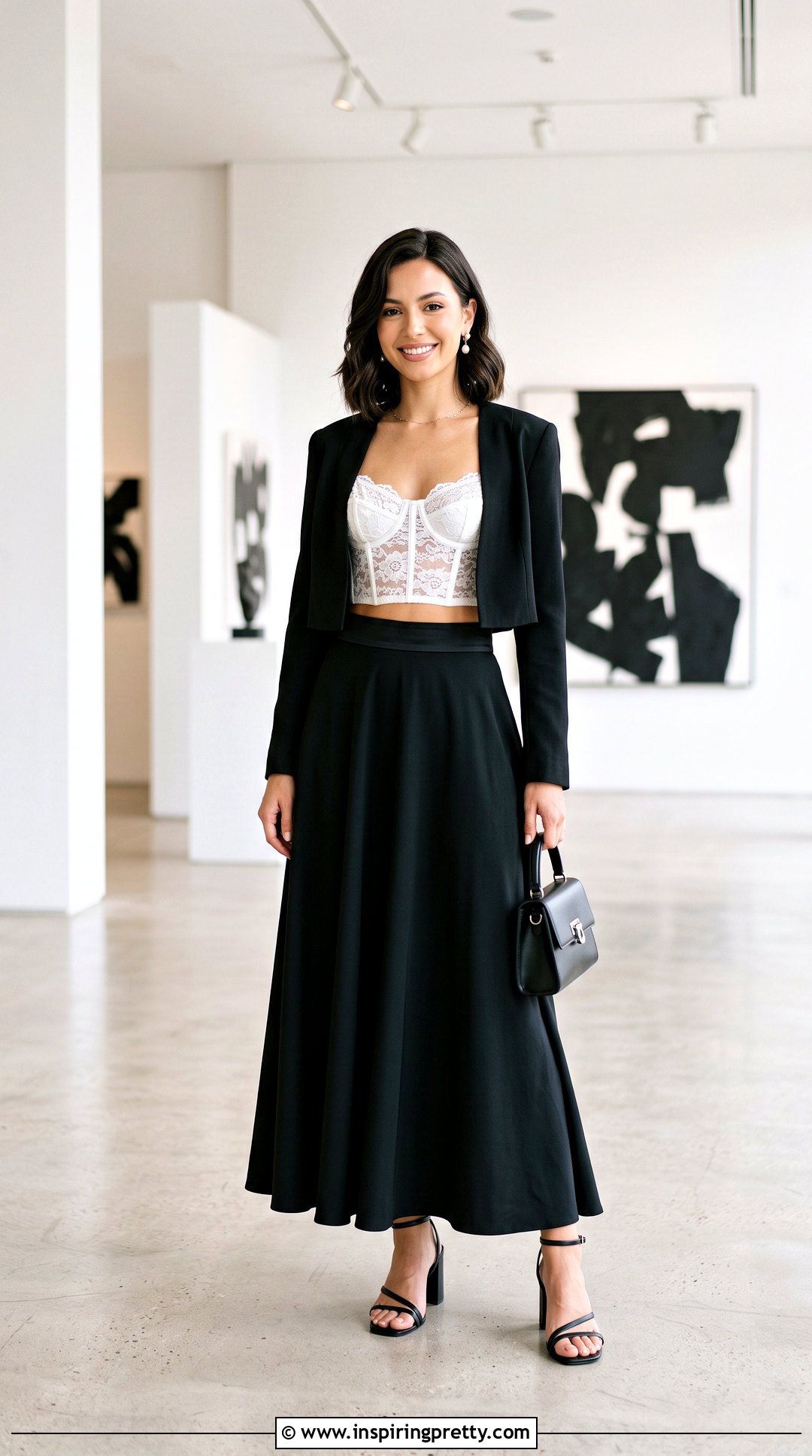 White Lace Corset Crop Top With Black Maxi Skirt - 25 lace corset crop top outfit ideas