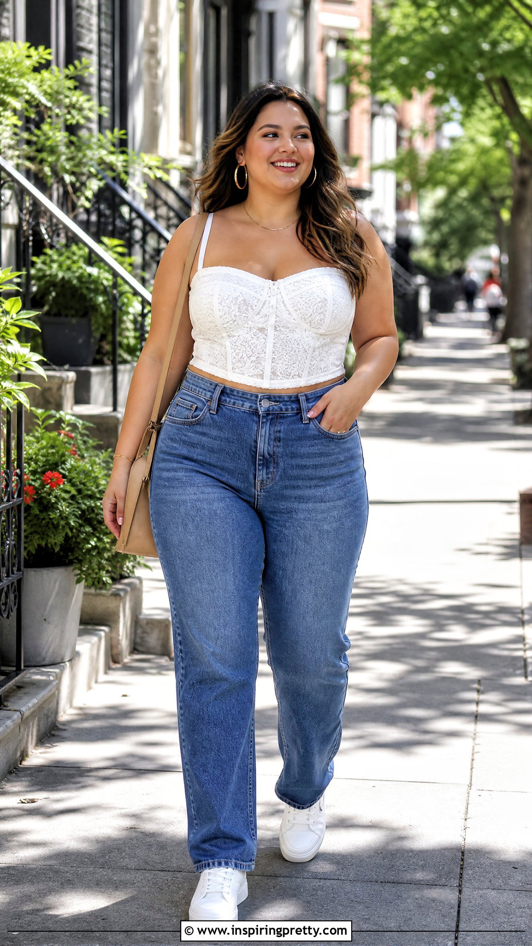 White Lace Corset Crop Top With High Waisted Jeans - 25 lace corset crop top outfit ideas