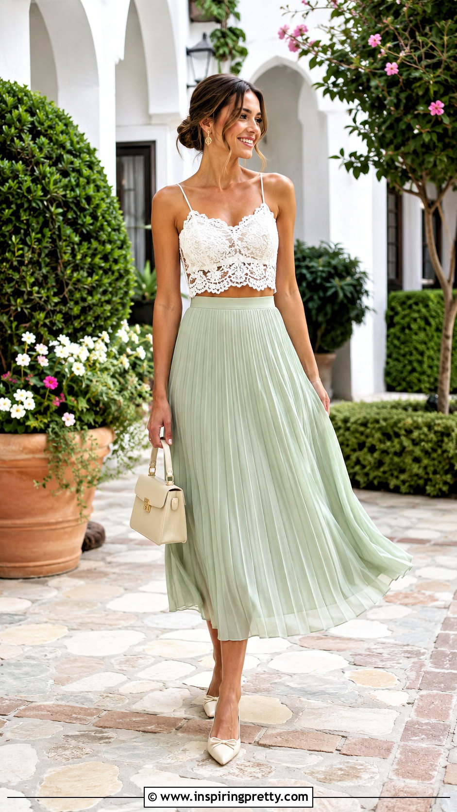 White Lace Crop Top With Pleated Midi Skirt - 20 white lace crop top outfit ideas