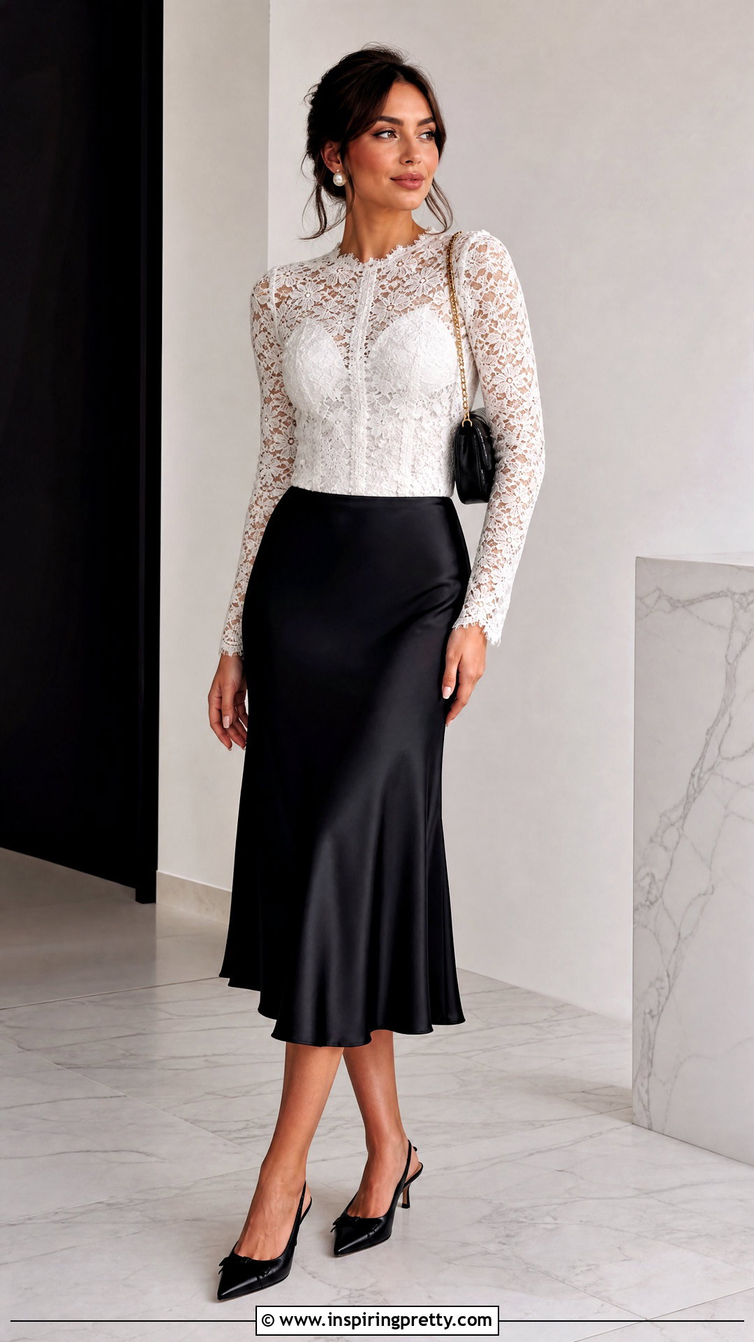 White Lace Long Sleeve Top With Black Slip Skirt - 50 white lace long sleeve top outfit ideas