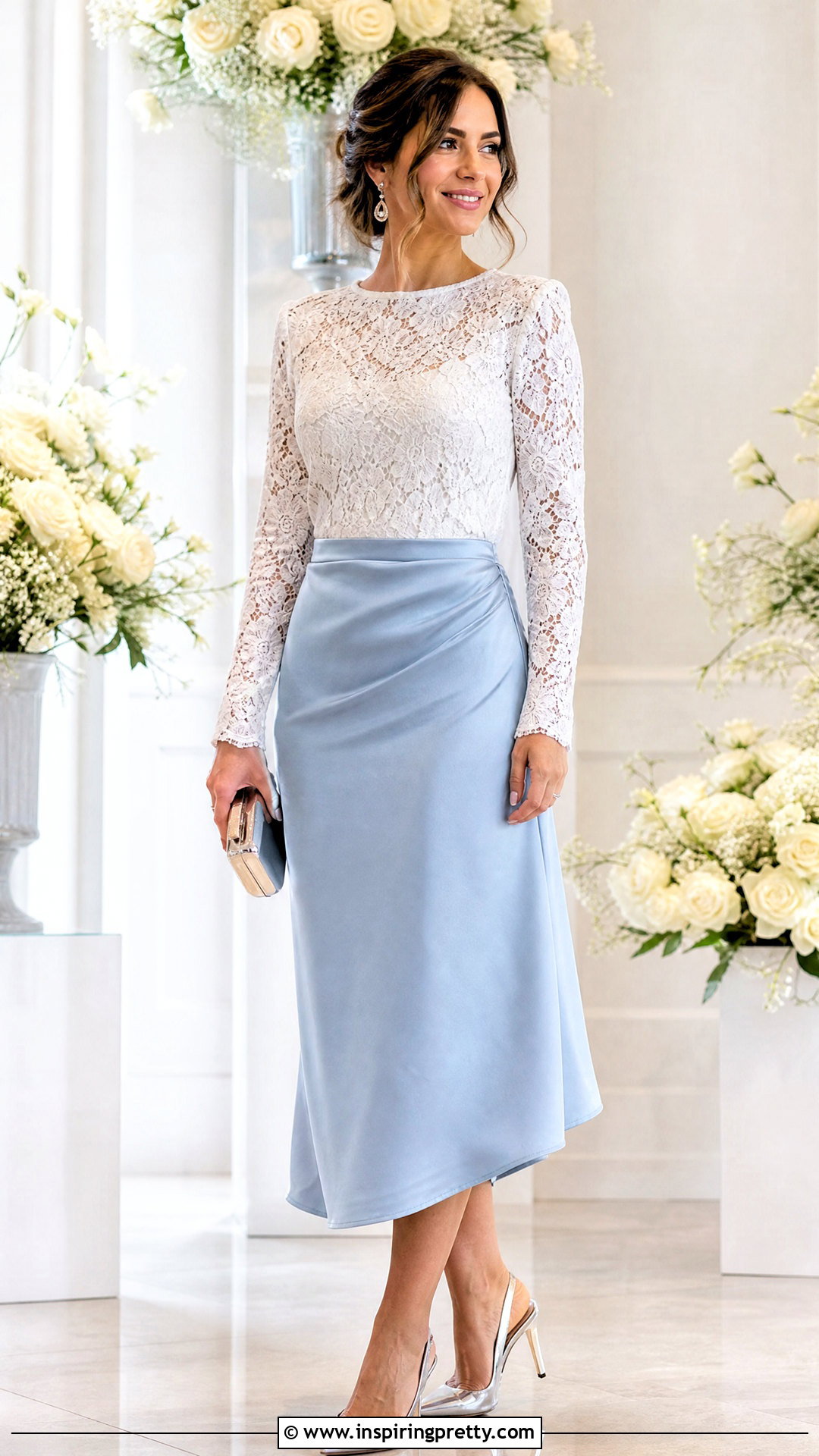 White Lace Long Sleeve Top With Blue Satin Midi Skirt - 50 white lace long sleeve top outfit ideas