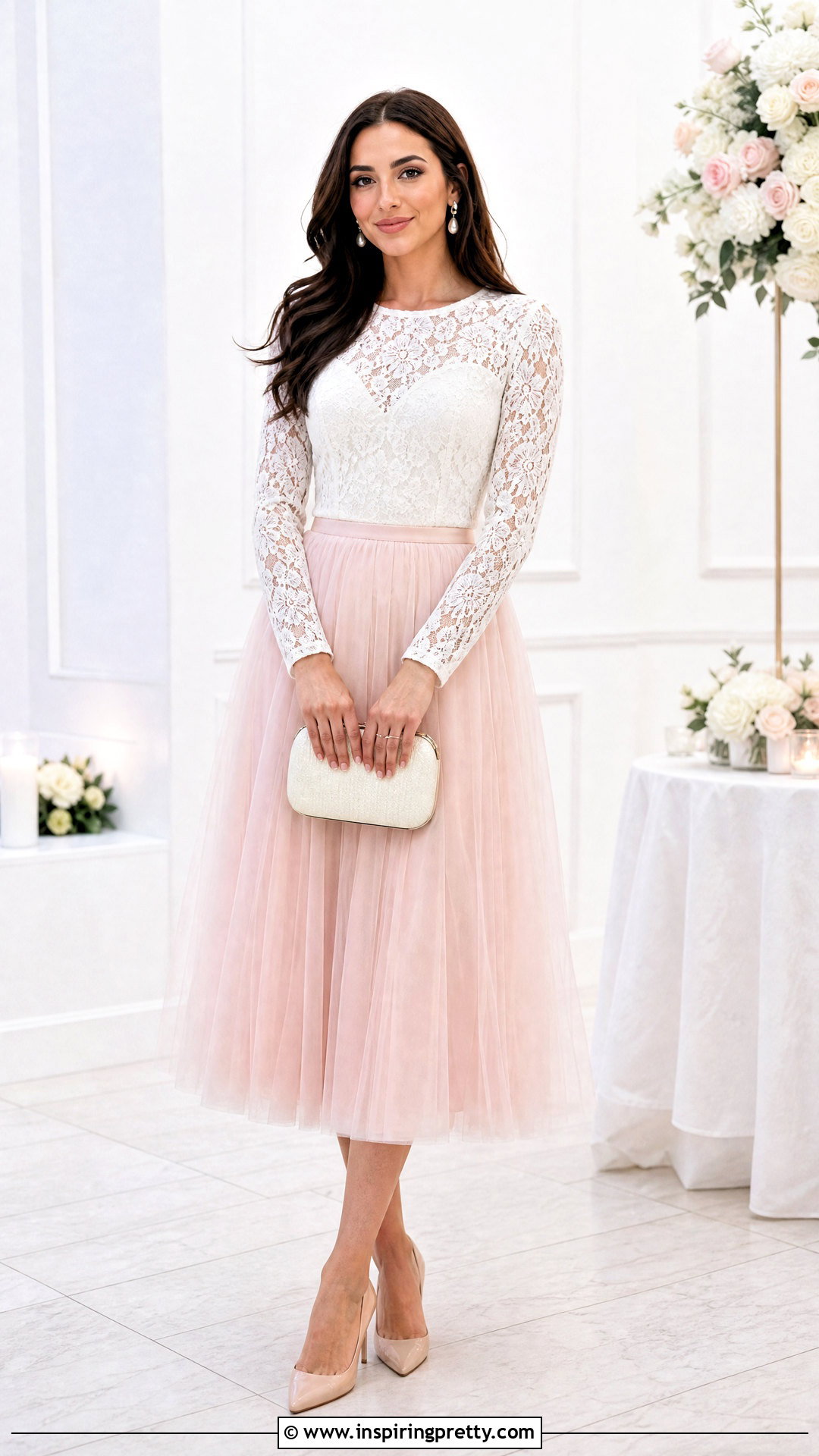 White Lace Long Sleeve Top With Blush Tulle Skirt - 50 white lace long sleeve top outfit ideas