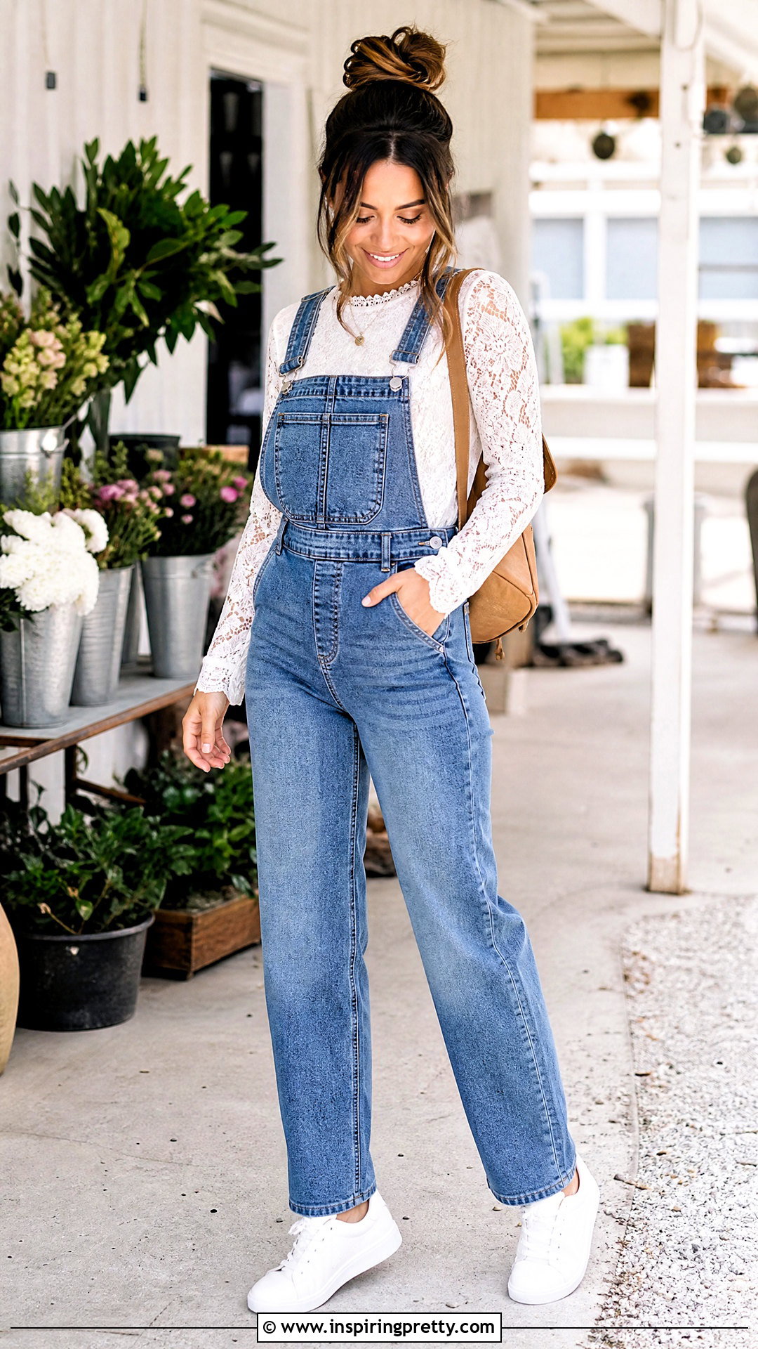 White Lace Long Sleeve Top With Denim Overalls - 50 white lace long sleeve top outfit ideas
