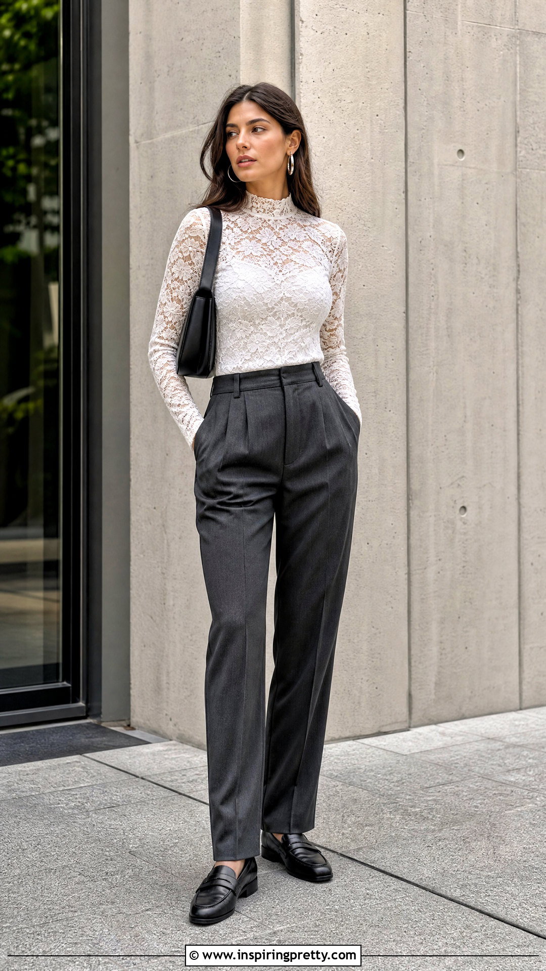 White Lace Long Sleeve Top With Gray Pleated Trousers - 50 white lace long sleeve top outfit ideas
