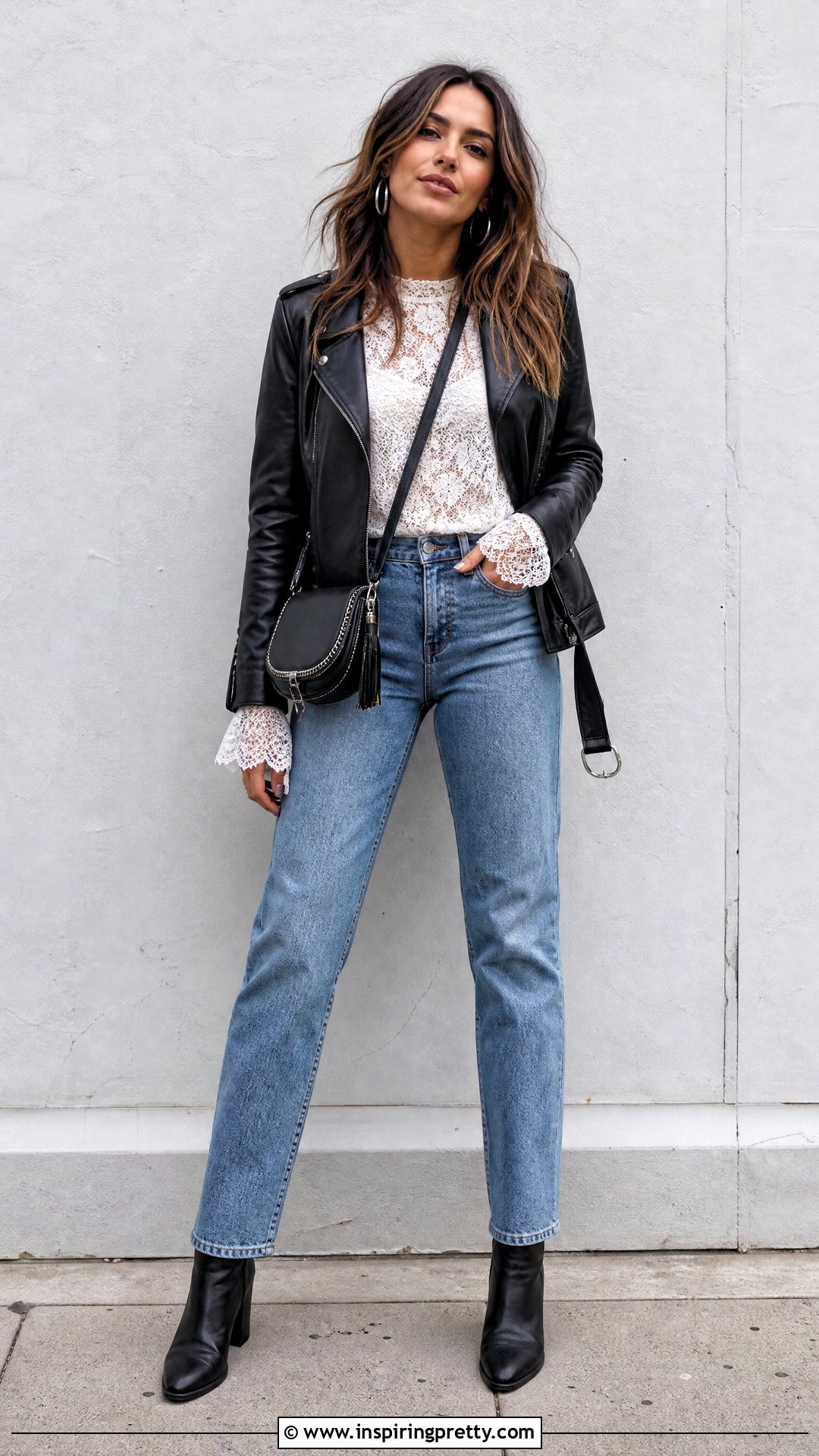White Lace Long Sleeve Top With Leather Jacket And Jeans - 50 white lace long sleeve top outfit ideas