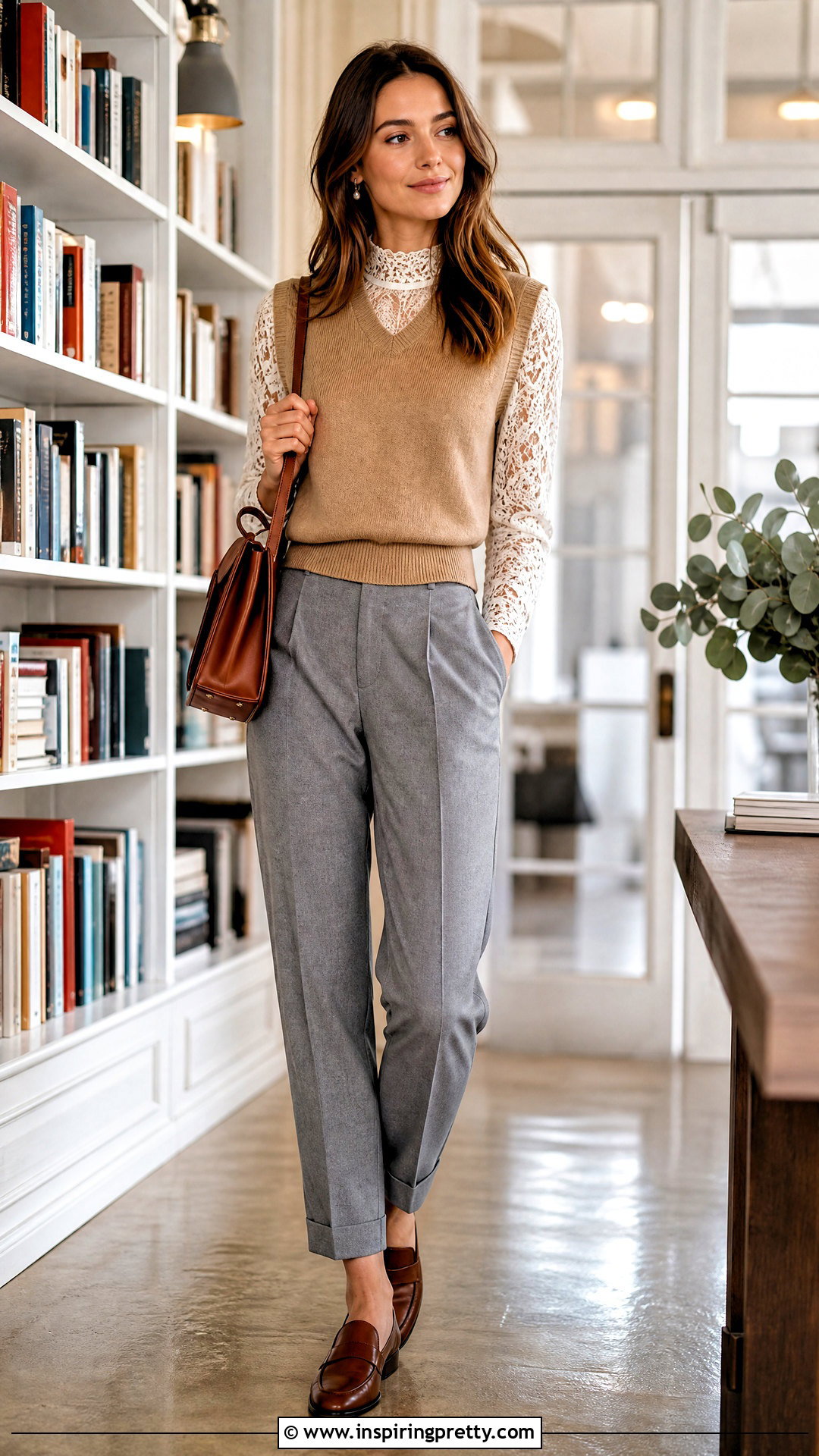 White Lace Long Sleeve Top With Sweater Vest And Trousers - 50 white lace long sleeve top outfit ideas