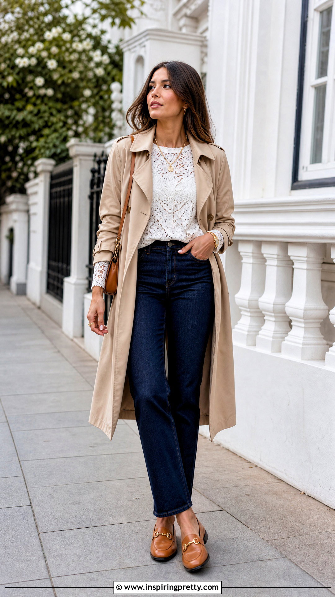 White Lace Long Sleeve Top With Trench Coat And Jeans - 50 white lace long sleeve top outfit ideas