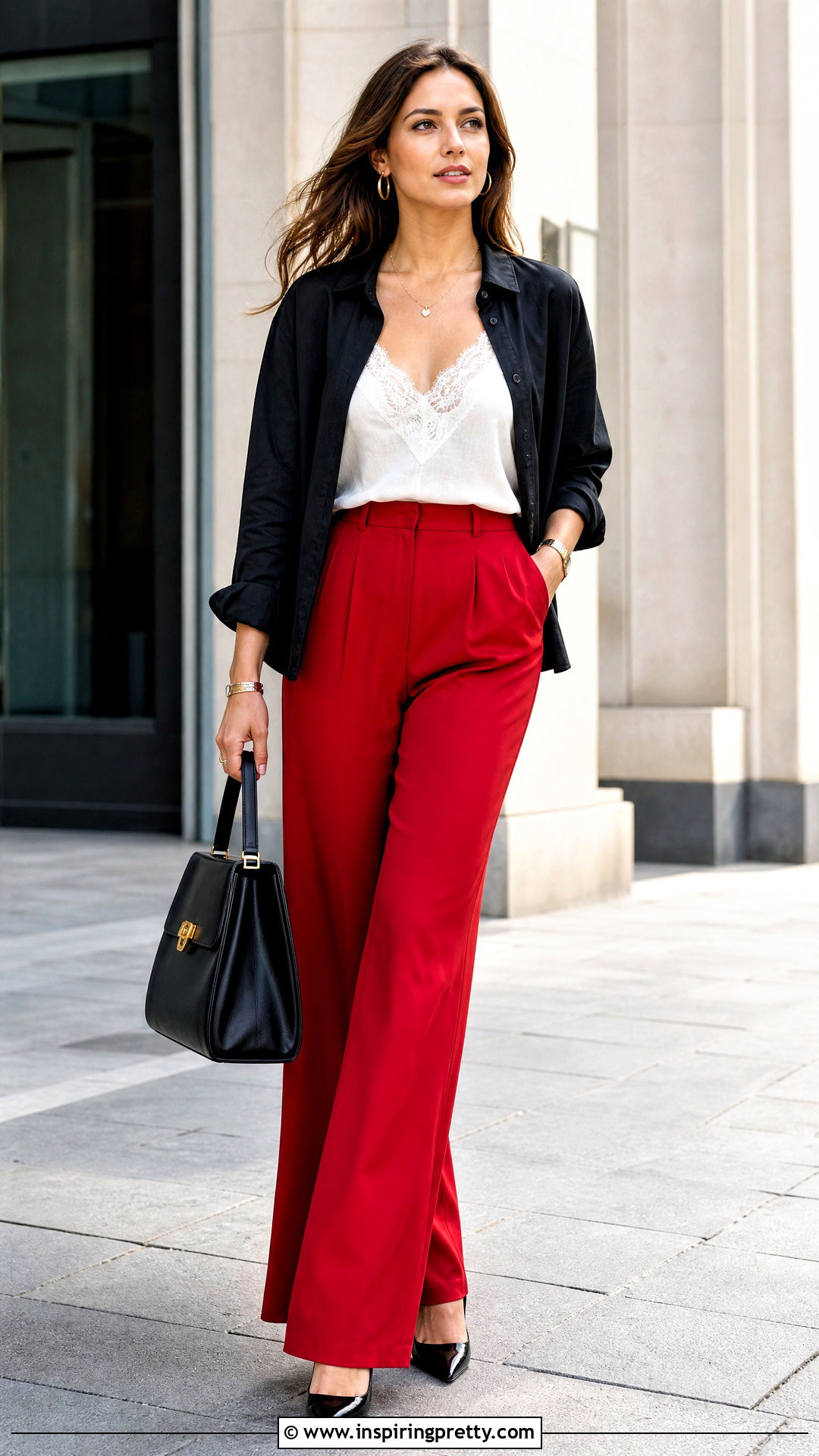 White Lace Top Under Black Shirt With Red Trousers - 50 lace top under shirt outfit ideas