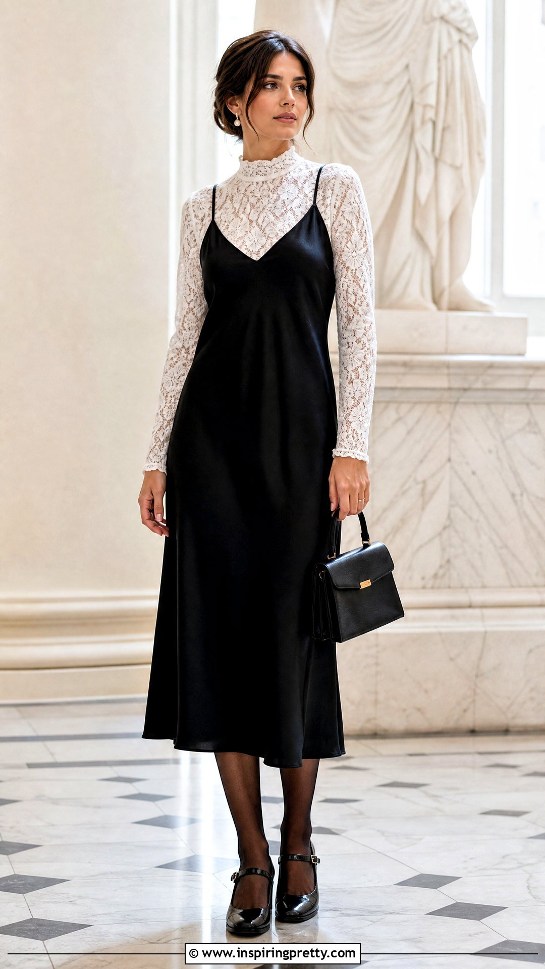 White Lace Top Under Black Slip Dress With Mary Janes - 25 Lace Top Under Slip Dress outfit ideas