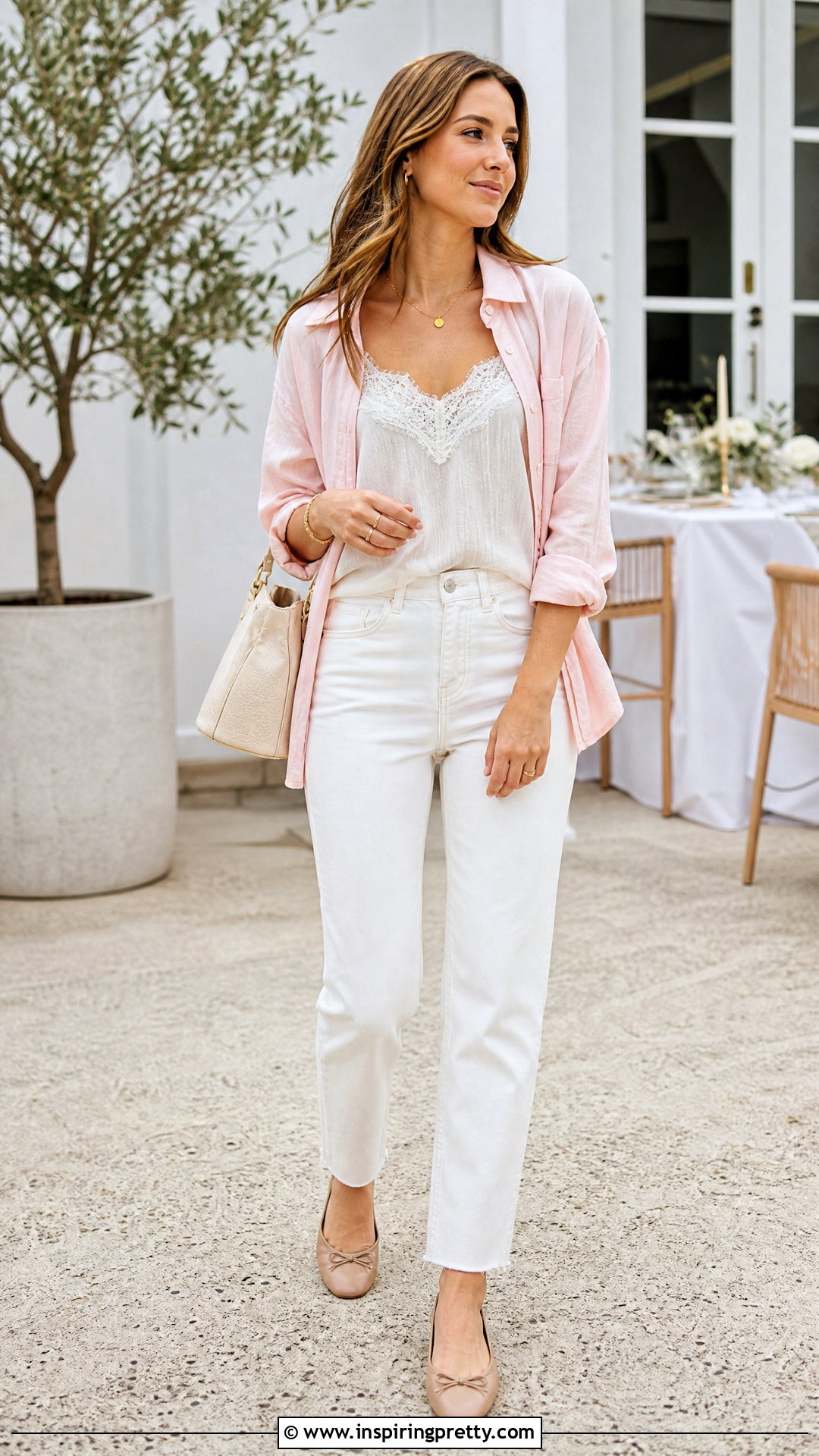 White Lace Top Under Pink Shirt With White Jeans - 50 lace top under shirt outfit ideas