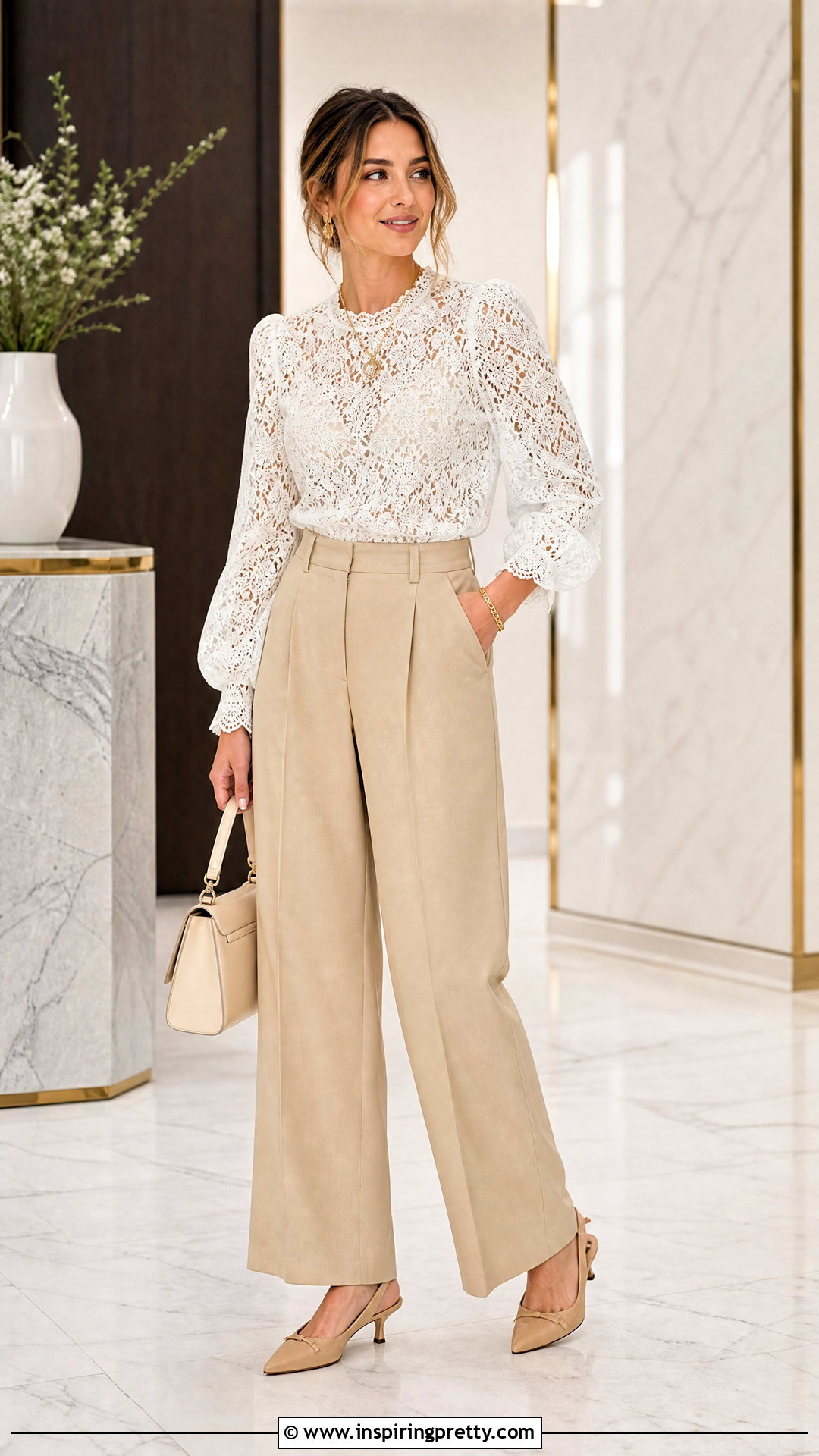 White Lace Top With Beige Trousers - 50 white lace top outfit ideas