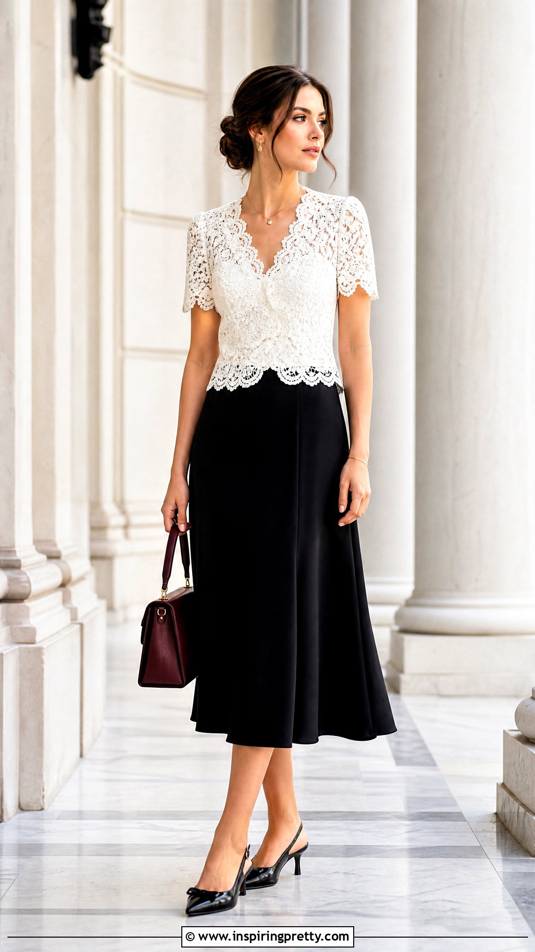 White Lace Top With Black Midi Skirt - 50 white lace top outfit ideas