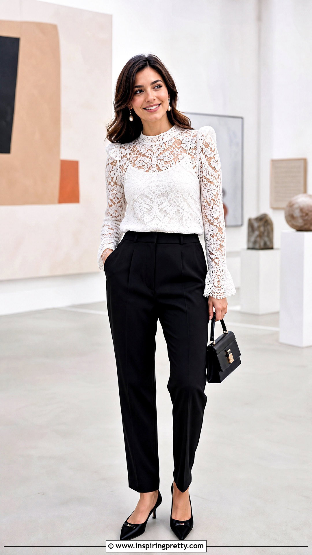 White Lace Top With Black Trousers - 50 fancy top outfit ideas