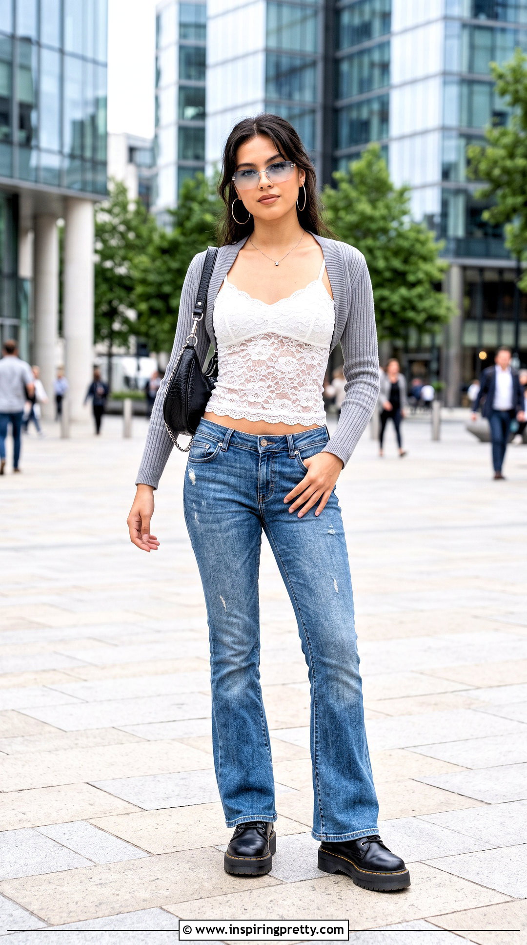 White Lace Top With Bolero And Flared Jeans - 25 White Lace Top Y2K outfit ideas