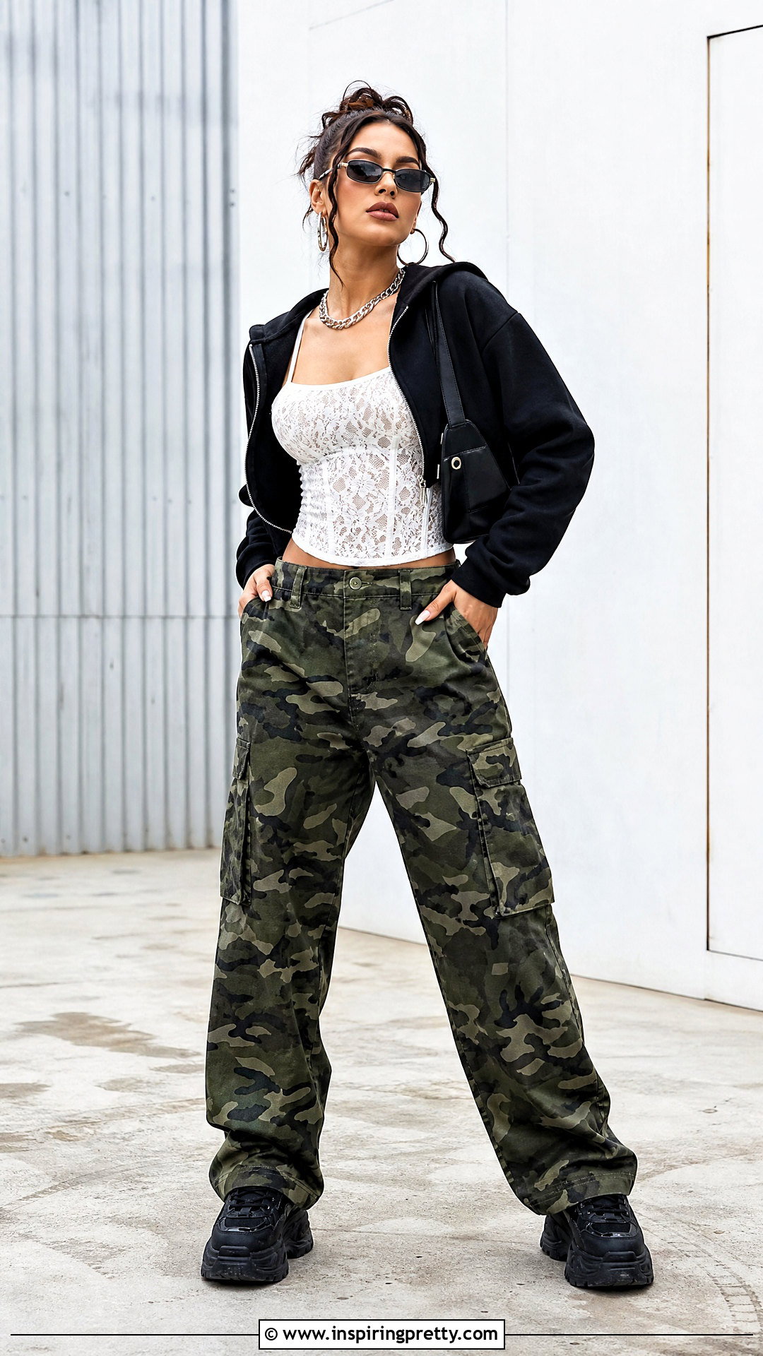 White Lace Top With Camo Cargo Pants - 25 White Lace Top Y2K outfit ideas