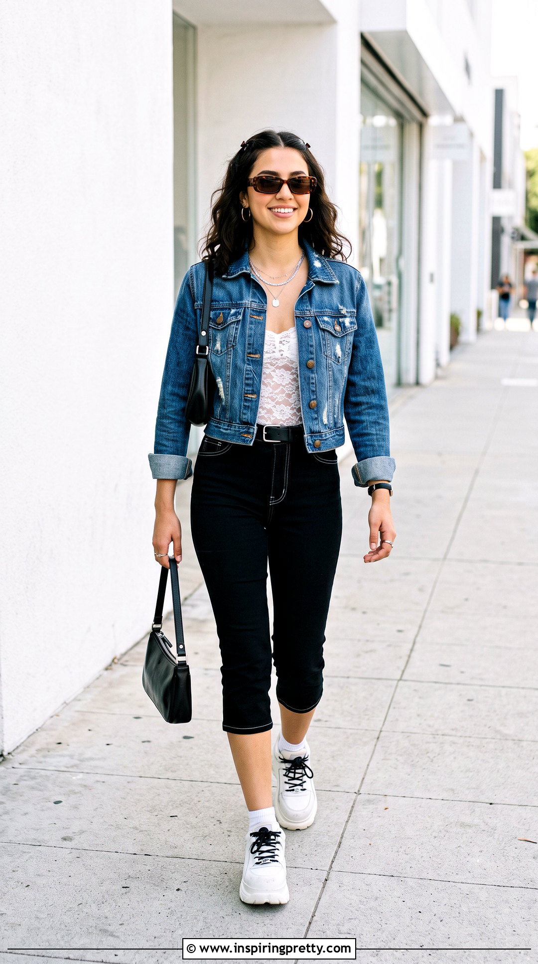 White Lace Top With Denim Jacket And Capris - 25 White Lace Top Y2K outfit ideas