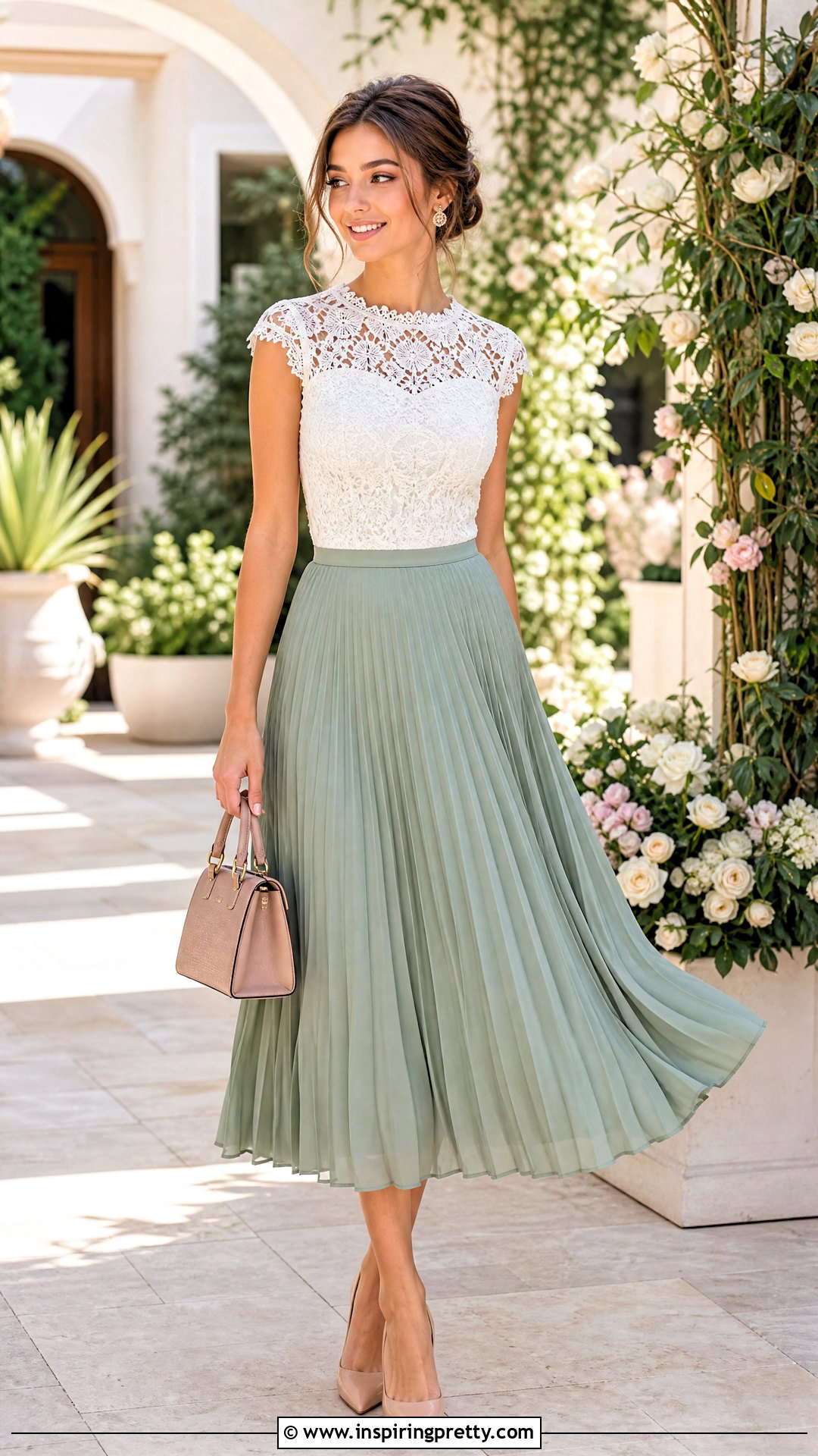 White Lace Top With Pleated Midi Skirt - 50 white lace top outfit ideas