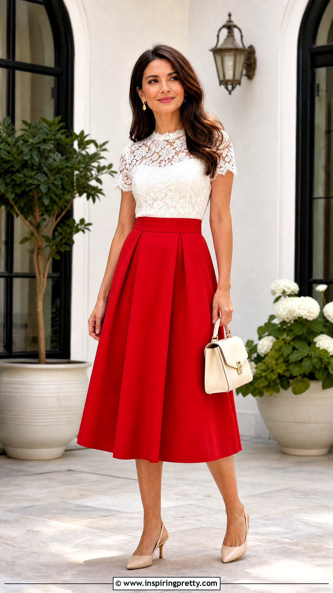White Lace Top With Red Midi Skirt - 50 white lace top outfit ideas