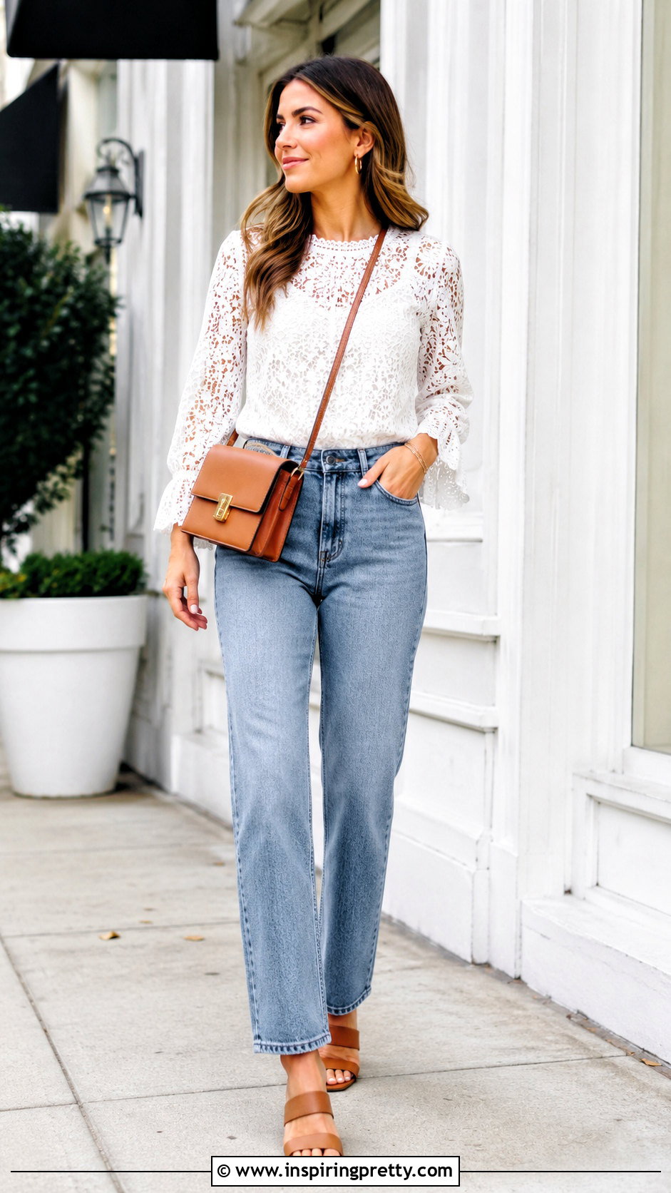 White Lace Top With Straight Leg Jeans - 50 pretty tops outfit ideas