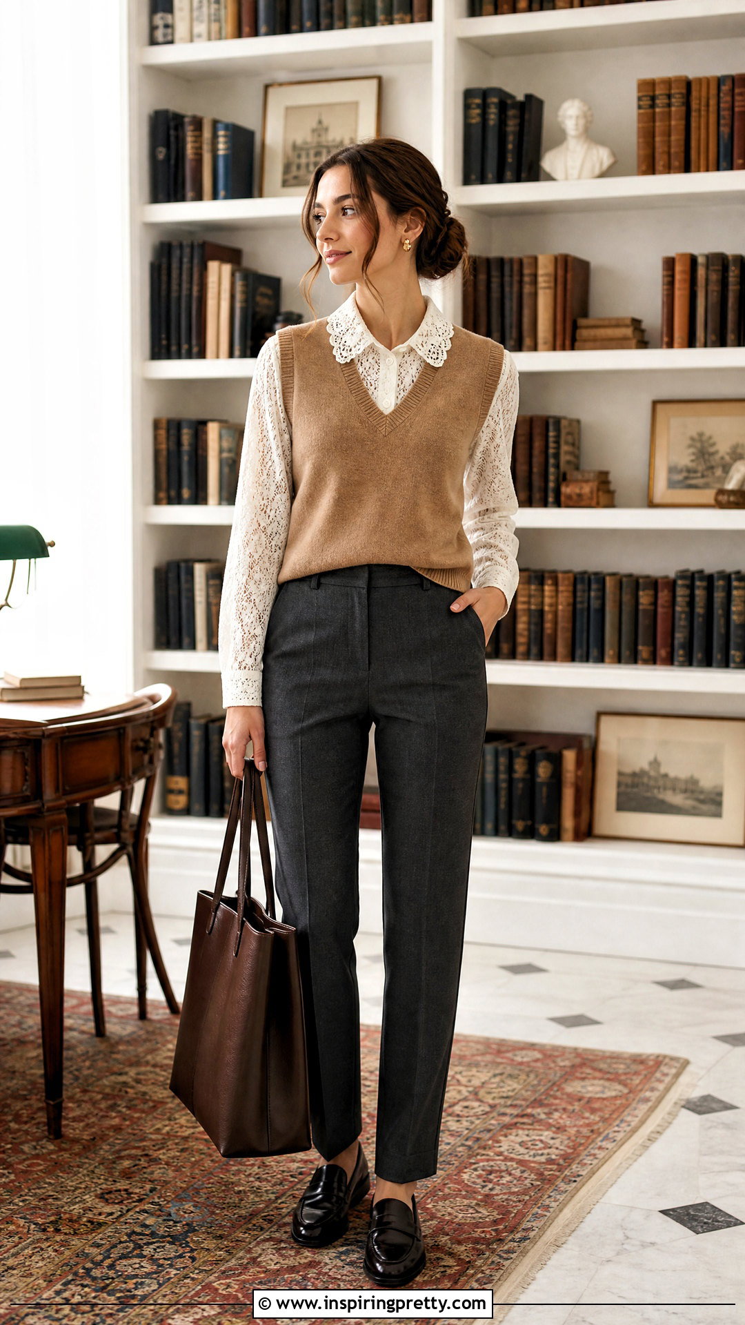 White Lace Top With Sweater Vest And Trousers - 50 white lace top outfit ideas