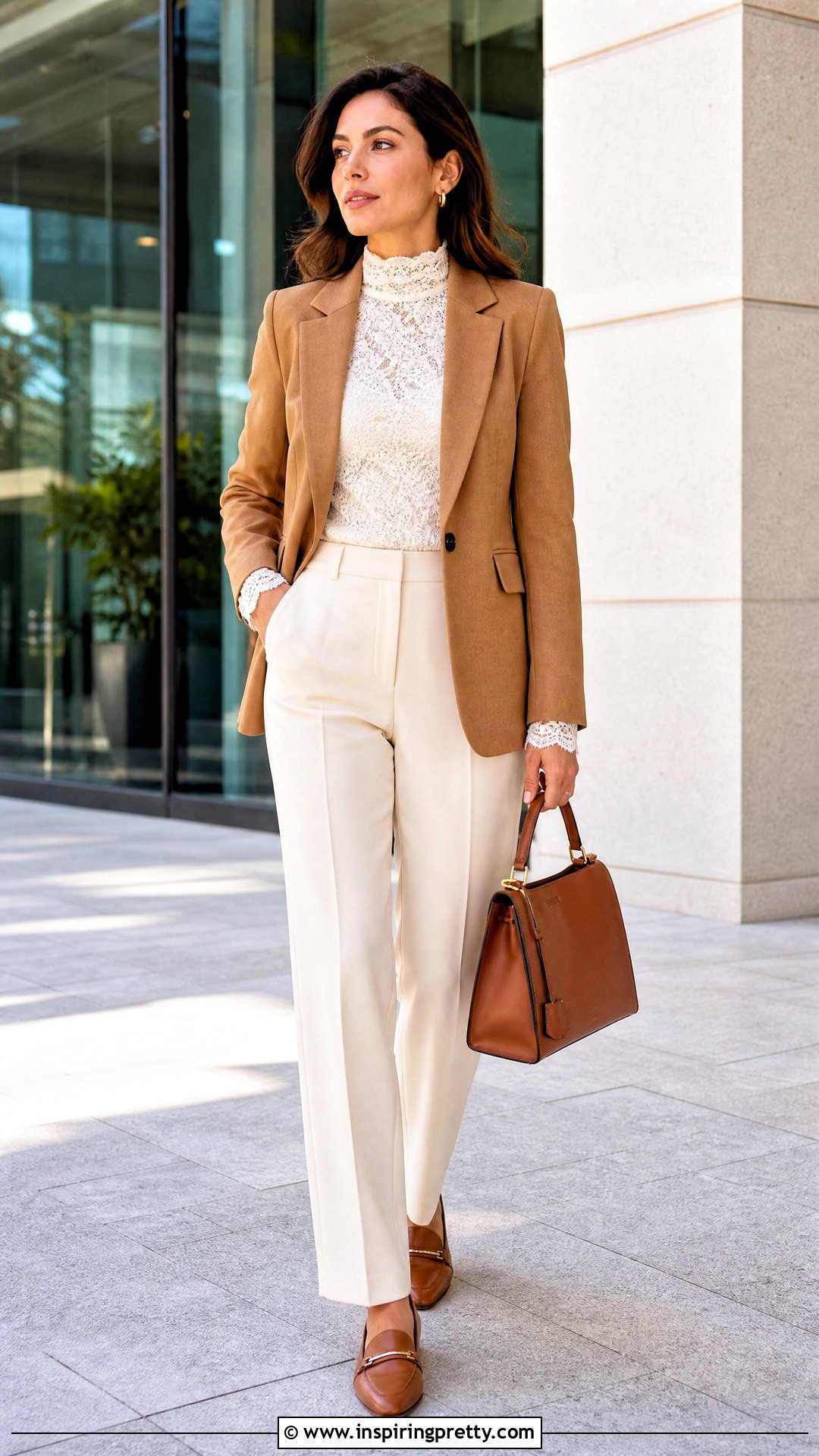 White Lace Turtleneck Top With A Camel Blazer - 25 White Lace Turtleneck Top outfit ideas