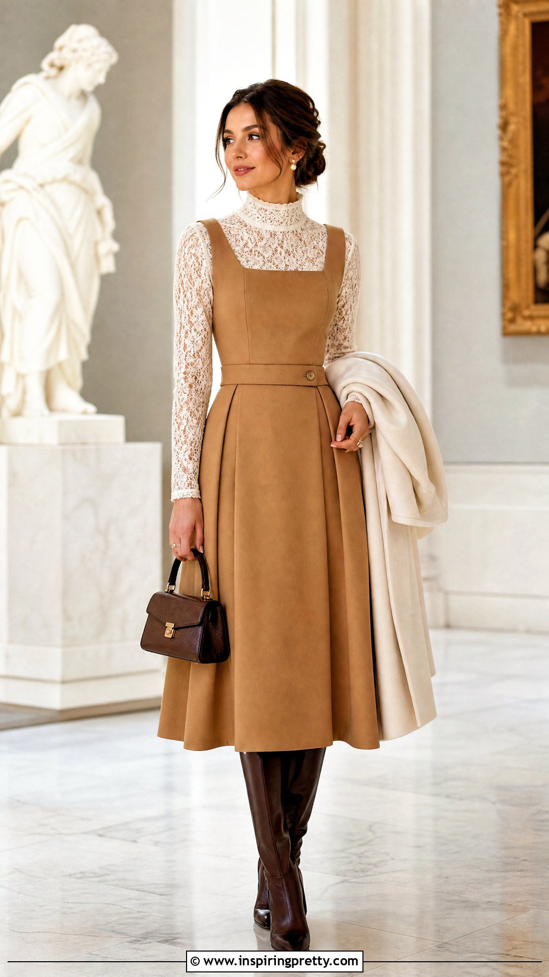 White Lace Turtleneck Top With A Pinafore Dress - 25 White Lace Turtleneck Top outfit ideas