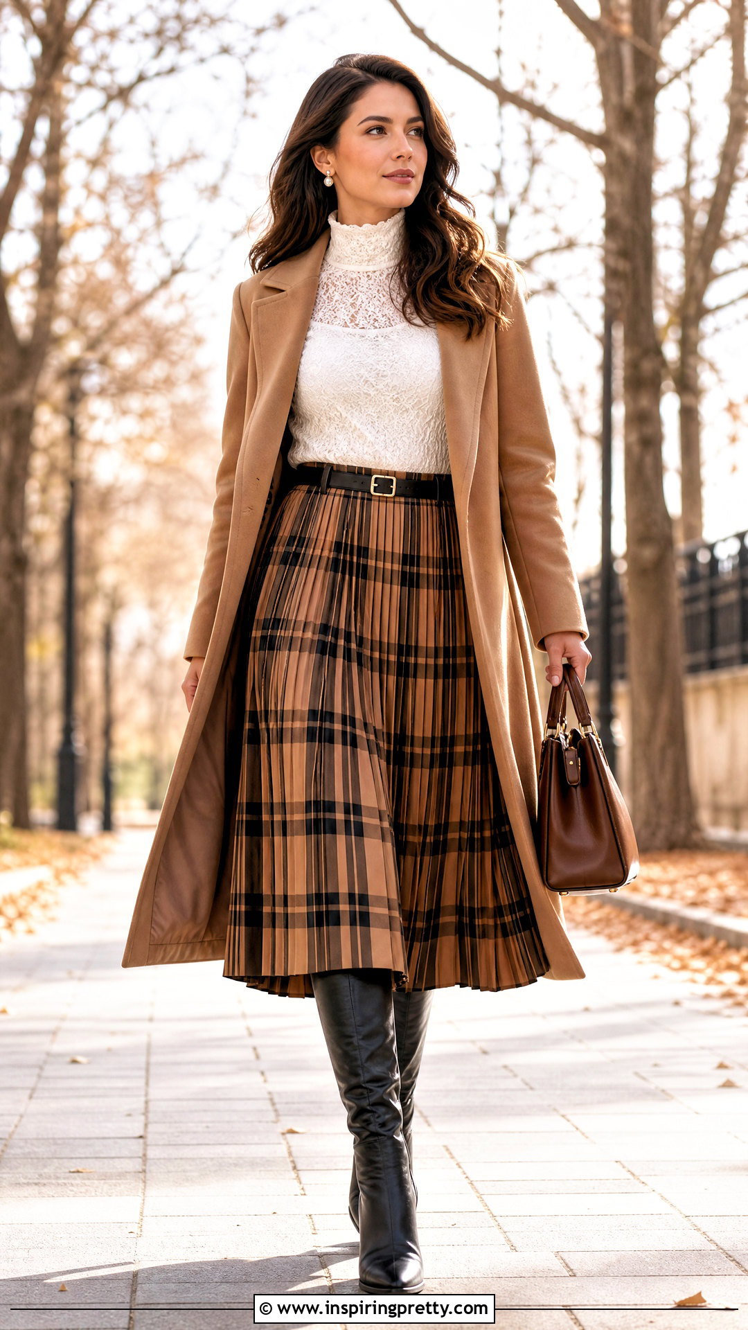 White Lace Turtleneck Top With A Plaid Midi Skirt - 25 White Lace Turtleneck Top outfit ideas