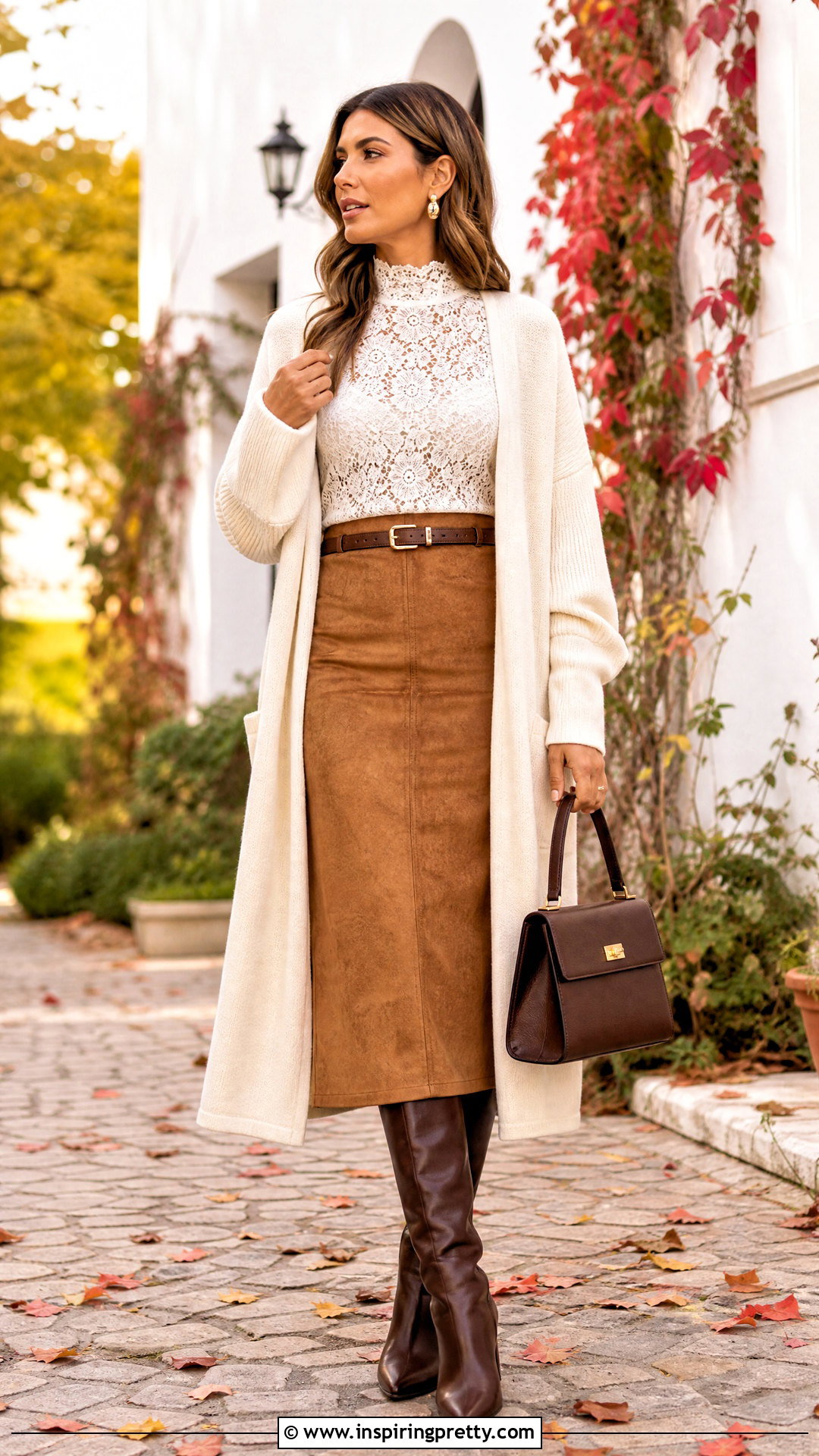 White Lace Turtleneck Top With A Suede Midi Skirt - 25 White Lace Turtleneck Top outfit ideas