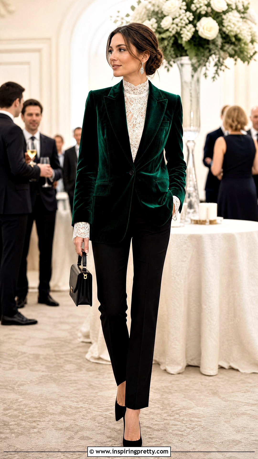 White Lace Turtleneck Top With A Velvet Blazer - 25 White Lace Turtleneck Top outfit ideas