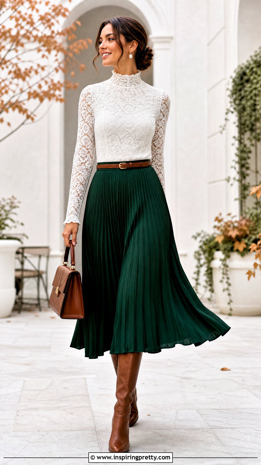 White Lace Turtleneck Top With Pleated Midi Skirt - 25 White Lace Turtleneck Top outfit ideas