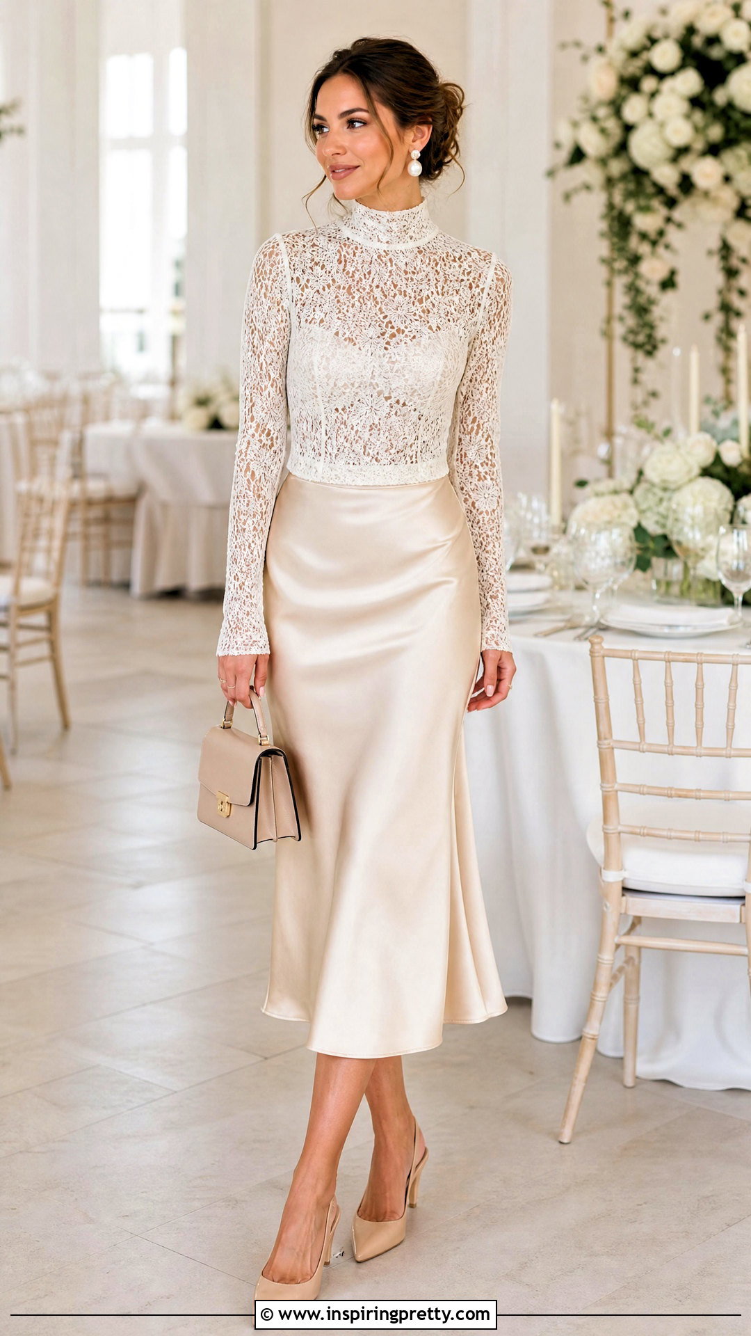 White Lace Turtleneck Top With Satin Midi Skirt - 25 White Lace Turtleneck Top outfit ideas