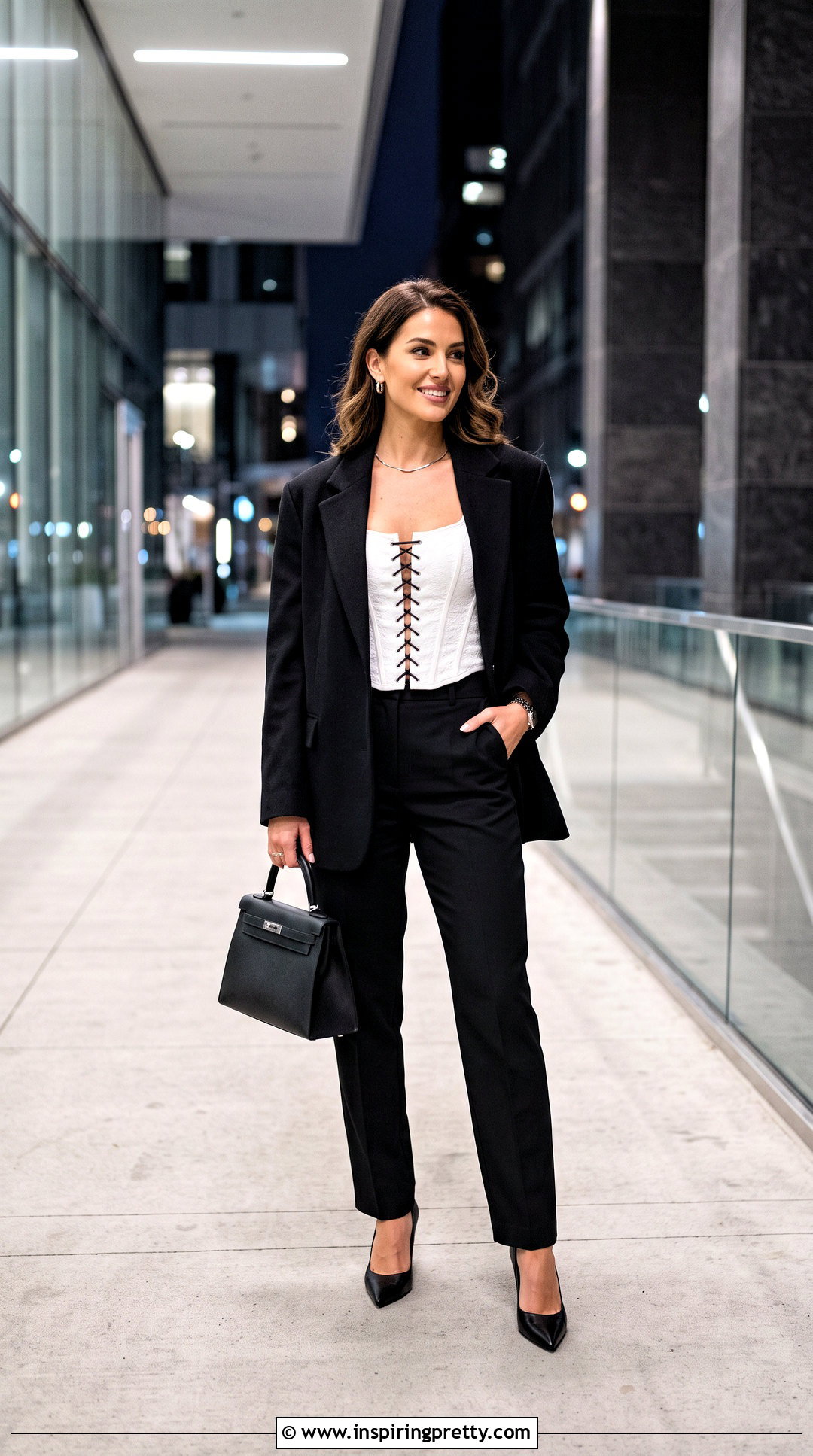 White Lace Up Corset Top With Black Tailored Trousers - 25 White Lace Up Corset Top outfit ideas