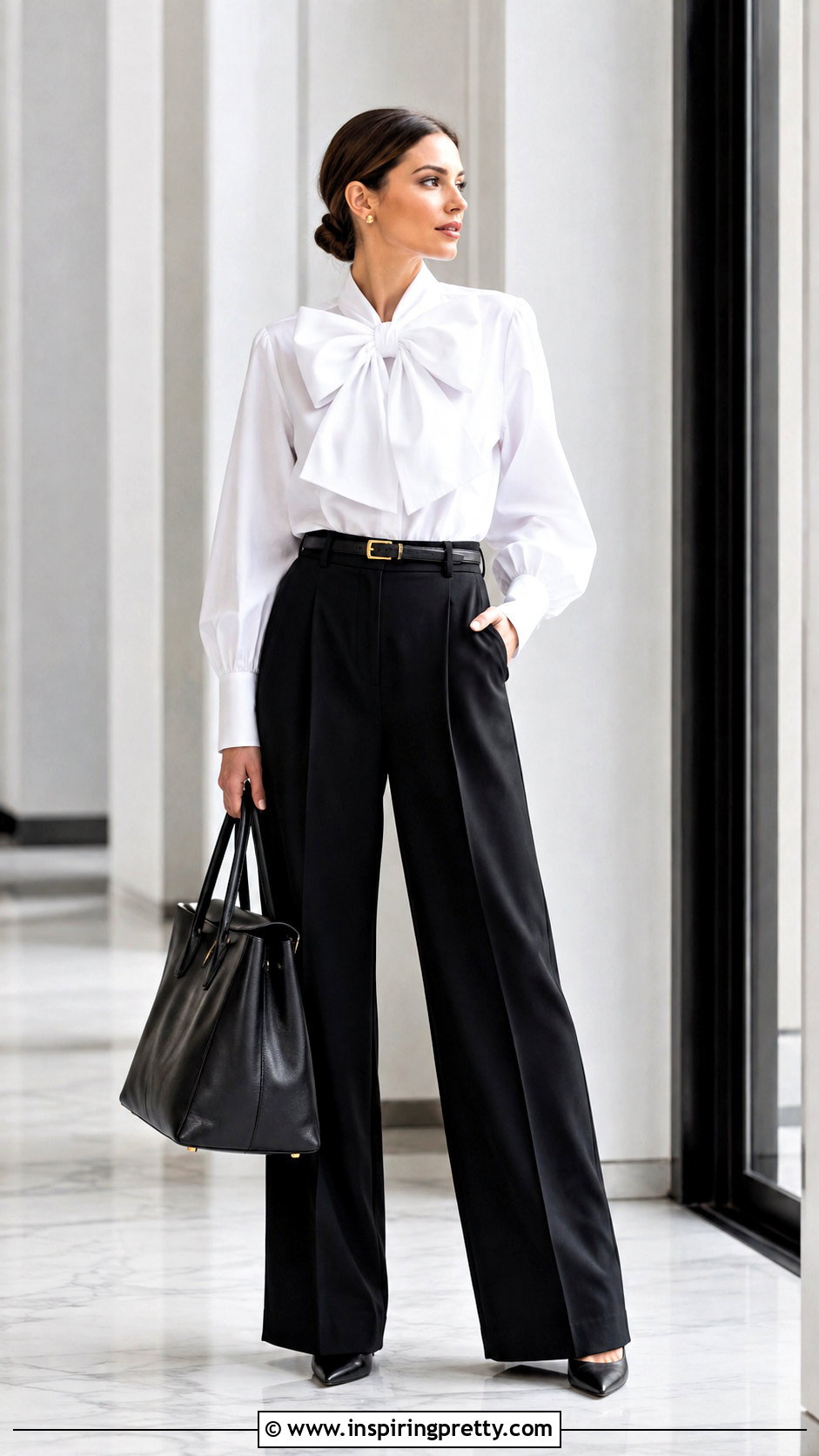 White Large Bow Top With Black Wide Leg Trousers - 25 Large Bow Top outfit ideas