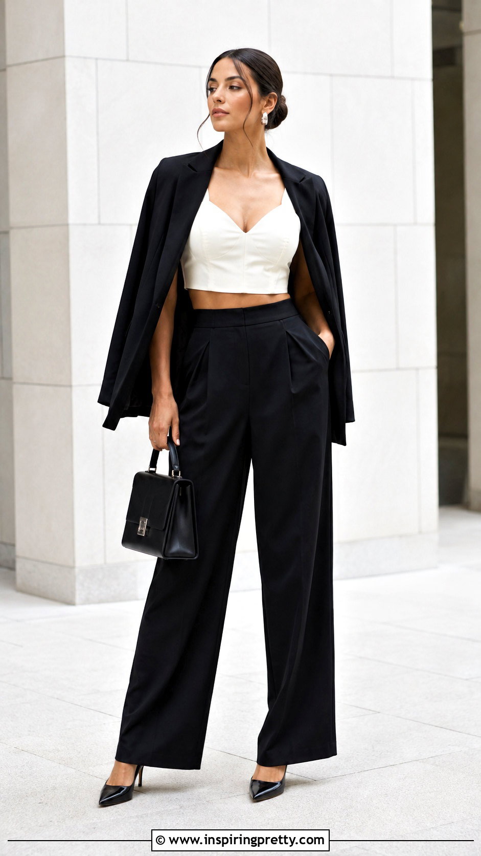 White Leather Crop Top With Black Wide Leg Pants - 25 White Leather Crop Top outfit ideas