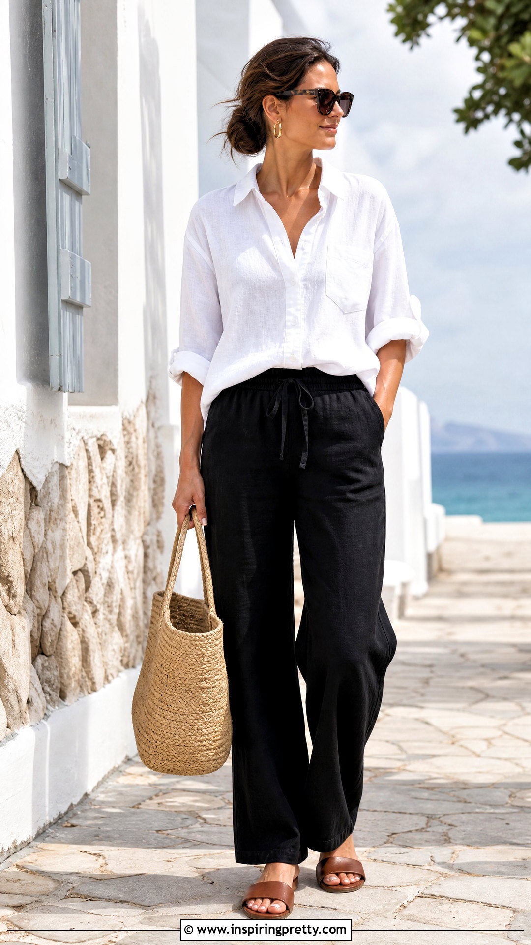White Linen Shirt With Black Linen Pants - 50 white top and black pants outfit ideas