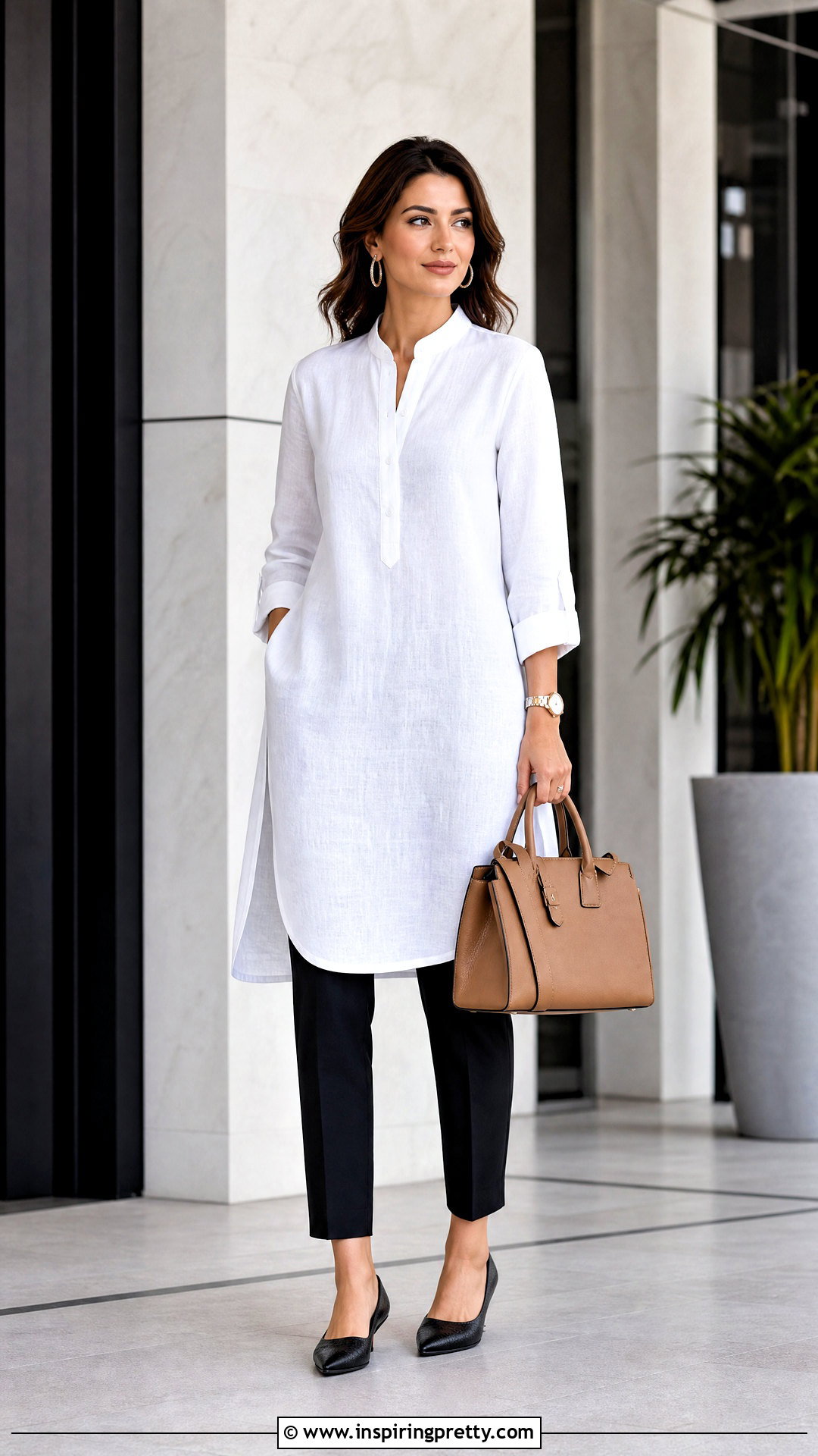 White Linen Tunic Top With Black Ankle Pants - 20 white linen tunic top outfit ideas