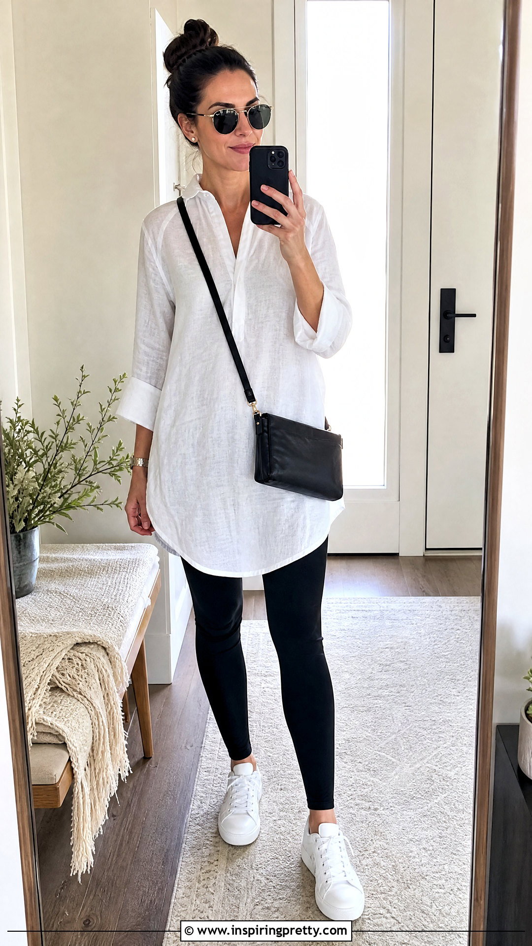 White Linen Tunic Top With Black Leggings - 20 white linen tunic top outfit ideas