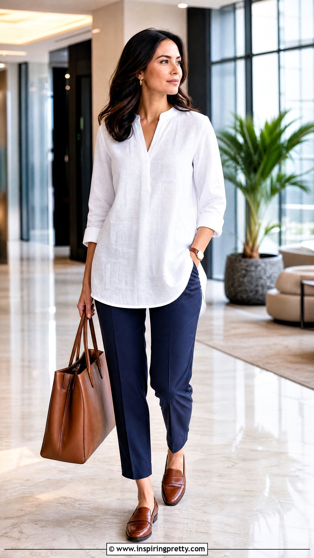 White Linen Tunic Top With Cropped Work Trousers - 20 white linen tunic top outfit ideas