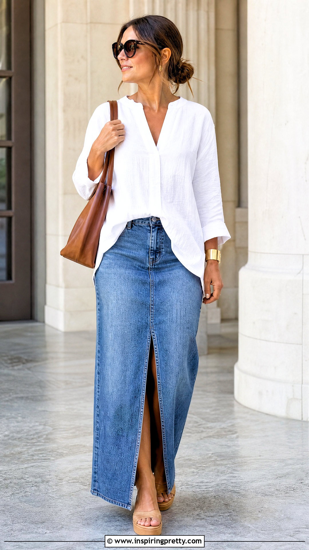 White Linen Tunic Top With Denim Maxi Skirt - 20 white linen tunic top outfit ideas