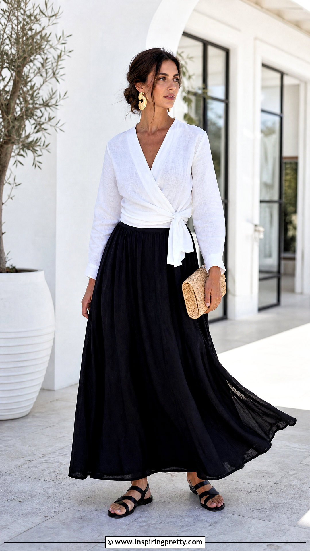 White Linen Wrap Top With Black Maxi Skirt - 25 White Linen Wrap Top outfit ideas